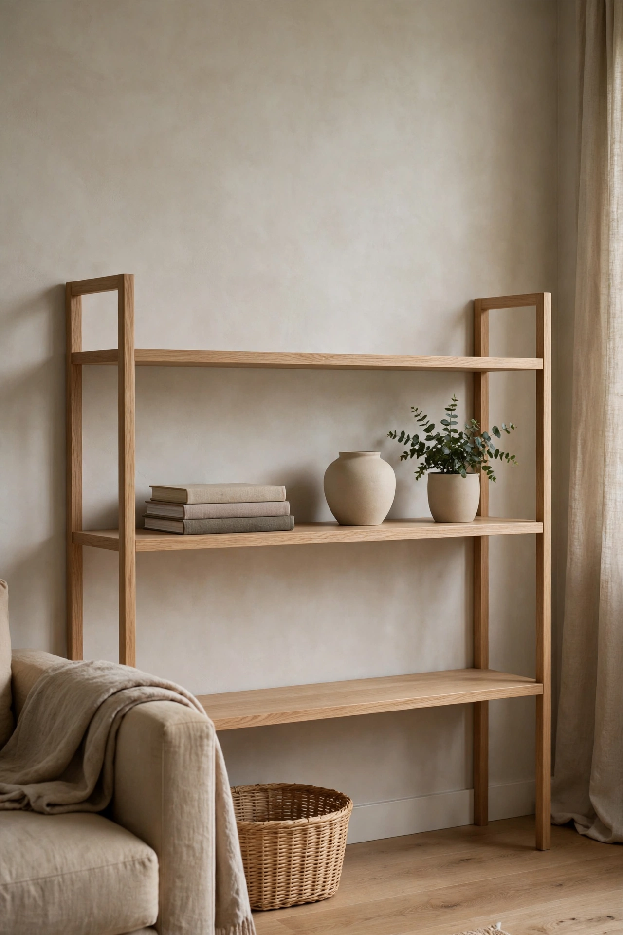 Low oak shelf in a Japandi living room styled with a few books, ceramics, and a plant