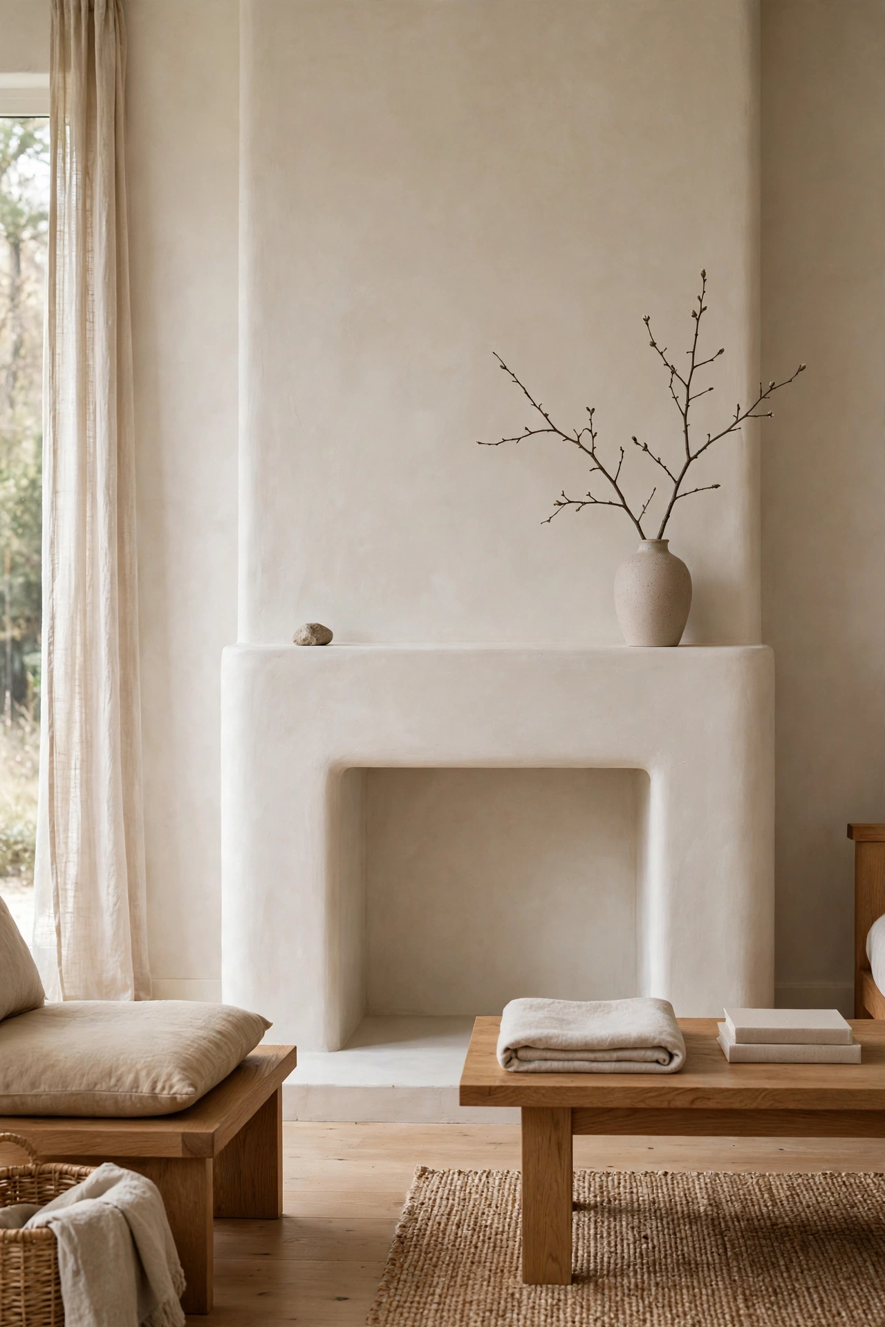 Japandi living room with a plaster-clad fireplace and minimal stone mantel styling