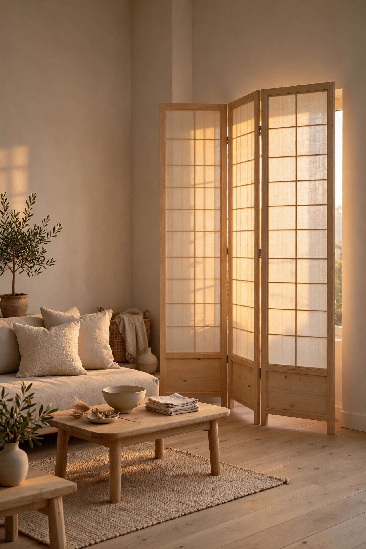 Light wood folding screen with translucent panels in a Japandi living room corner