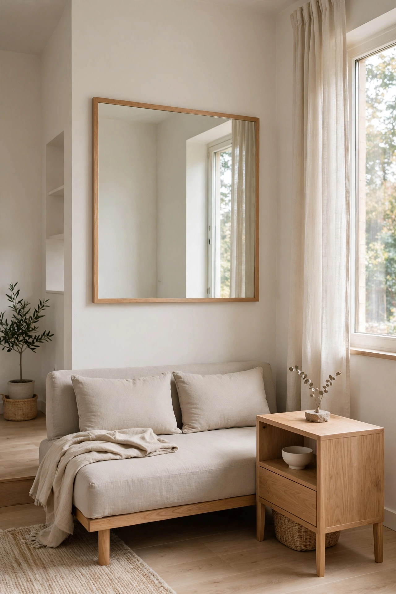 Small Japandi living room with compact low sofa, light palette, and airy layout