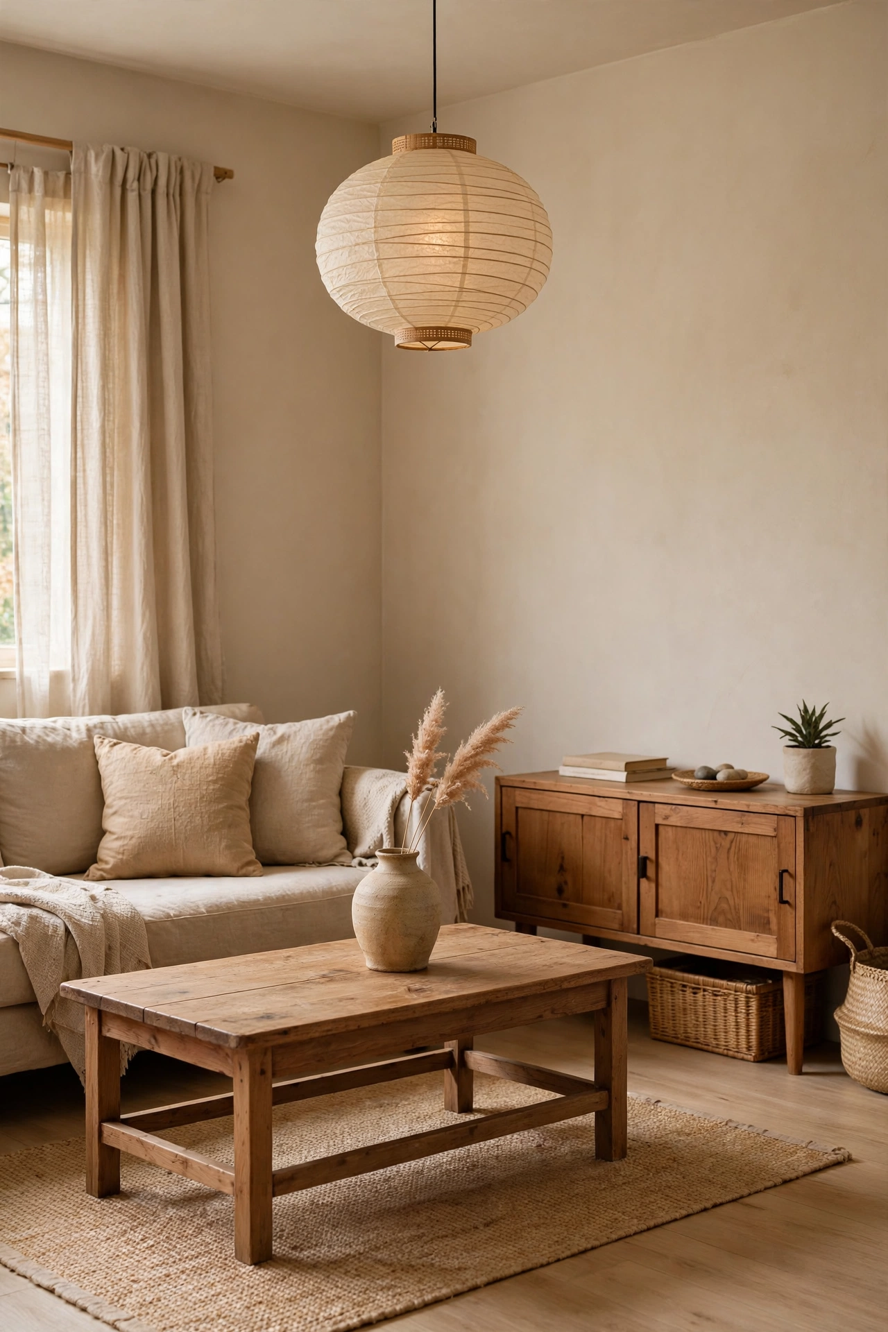 Budget-friendly Japandi living room with thrifted wood furniture and a paper lantern