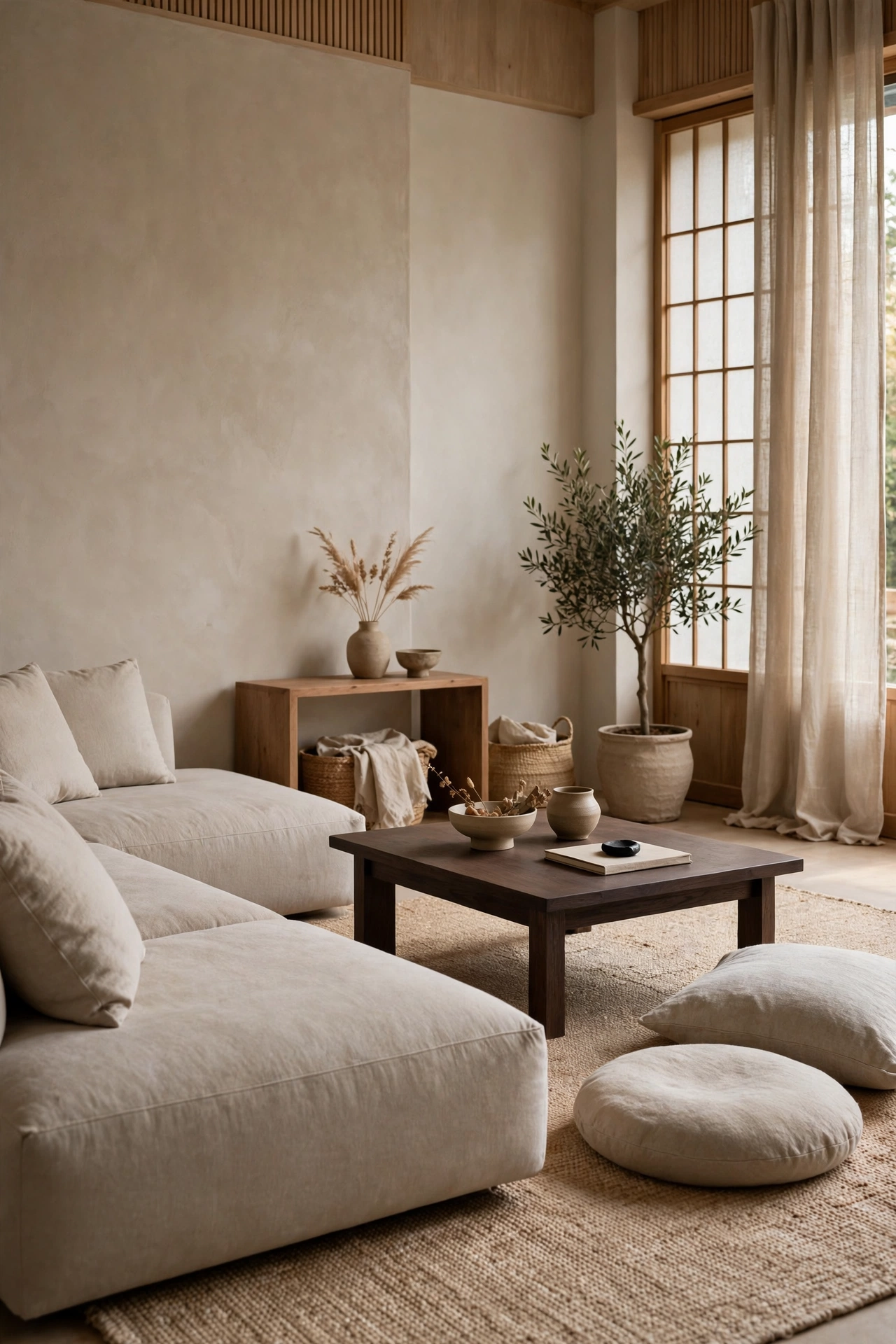 Low-profile Japandi sofa with floor cushions and a low wooden coffee table