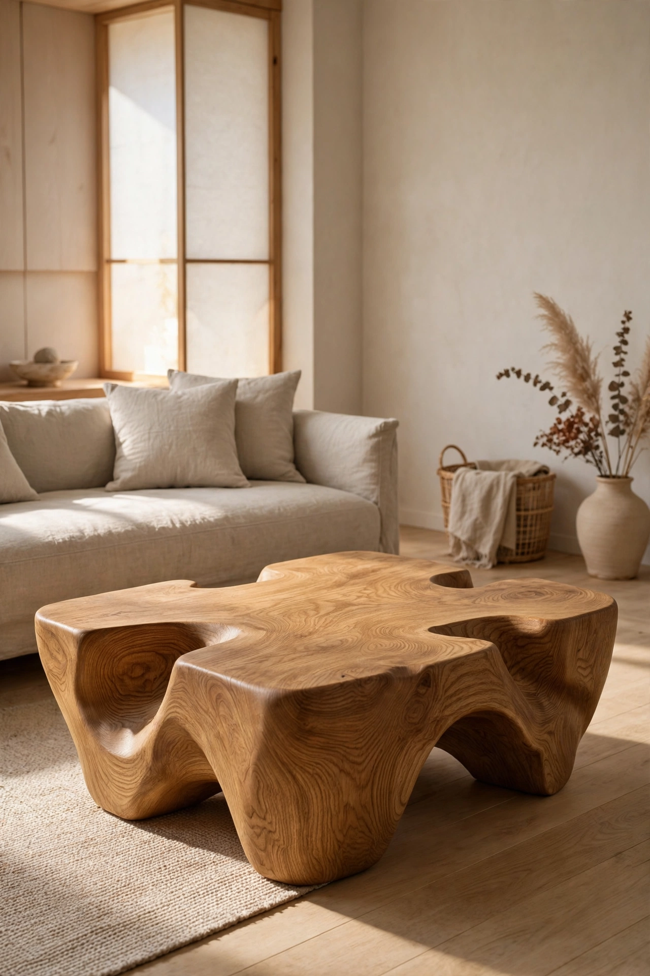 Sculptural solid oak coffee table as the focal point of a calm Japandi living room
