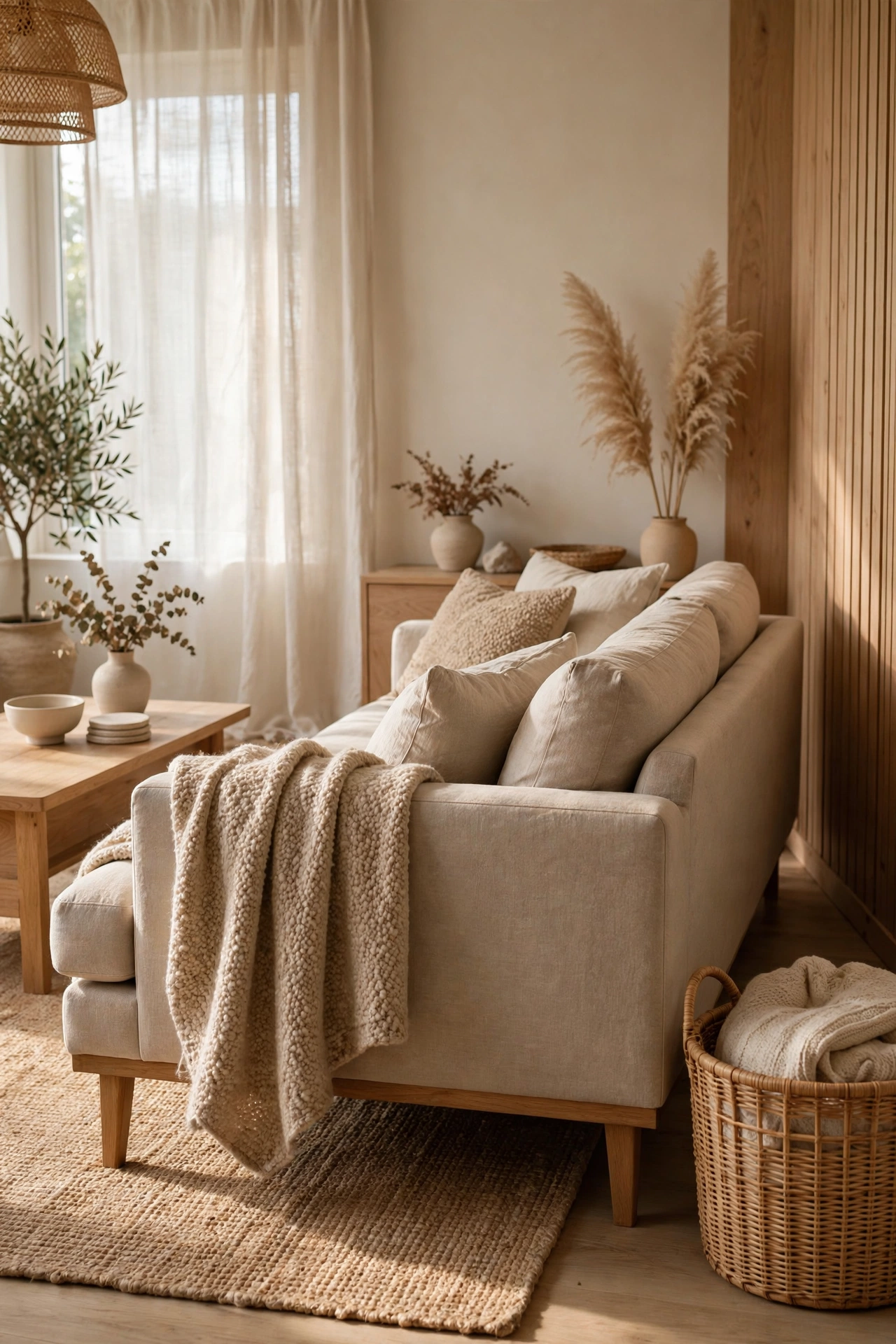 Japandi living room layered with linen sofa, wool throw, and jute rug textures