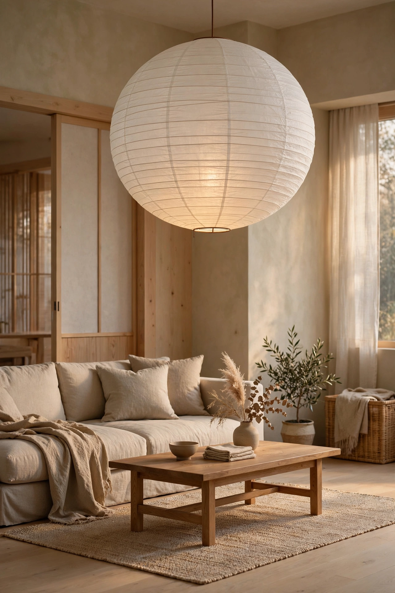Round paper lantern pendant glowing softly over a Japandi living room seating area