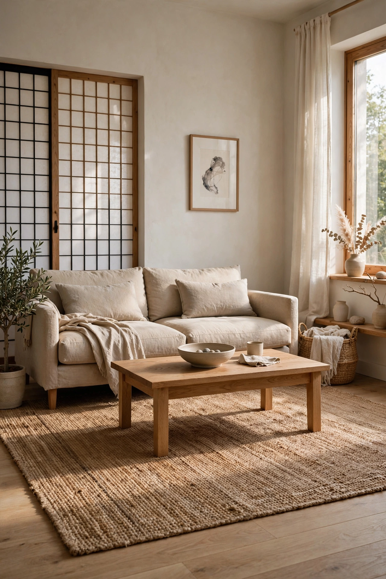 Natural jute area rug anchoring a Japandi living room with low wooden furniture