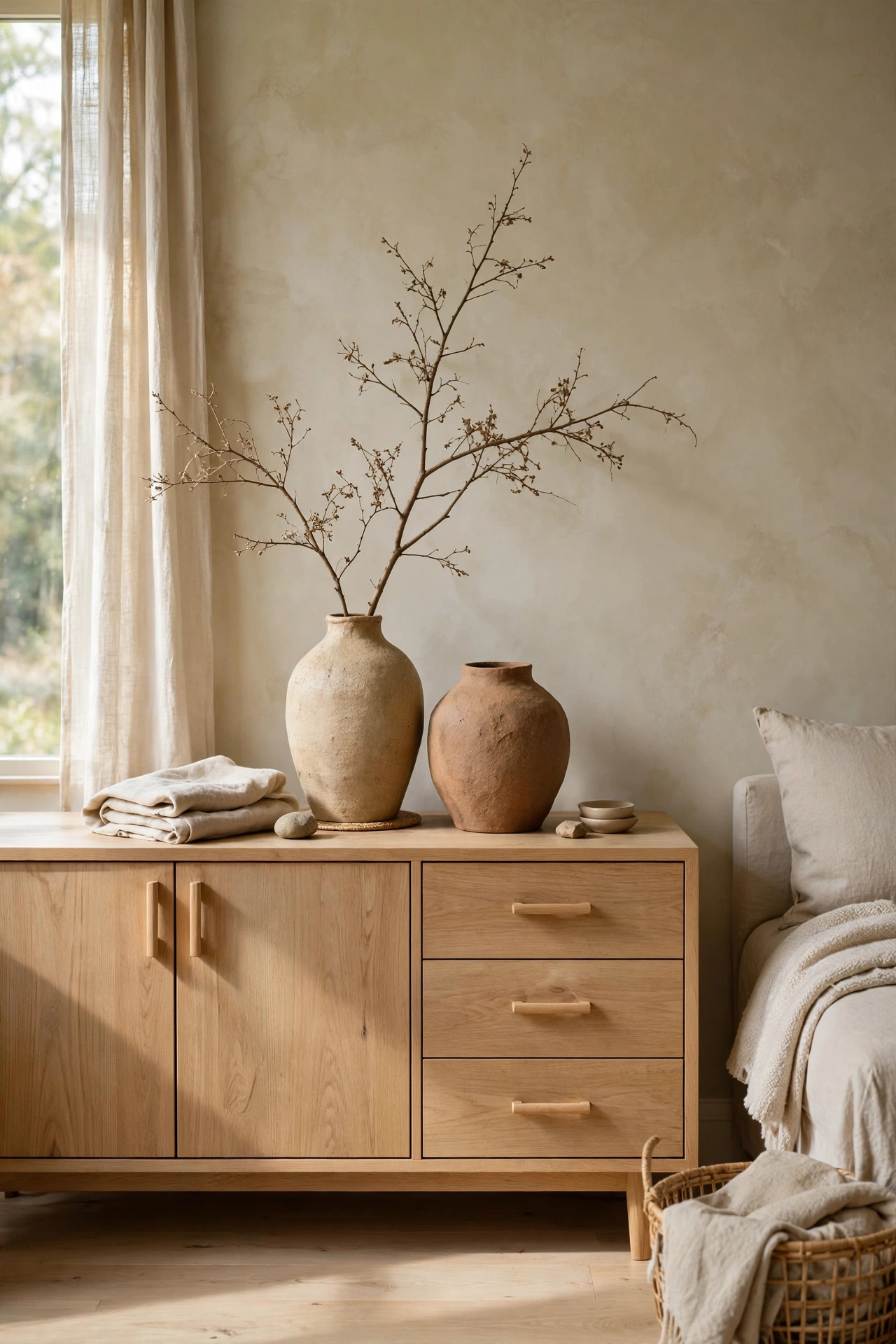 Handmade imperfect ceramic vases in matte earthy tones on a Japandi sideboard
