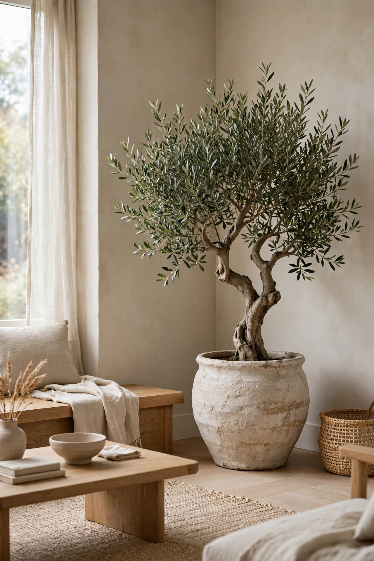 Olive tree in a handmade ceramic pot in the corner of a serene Japandi living room