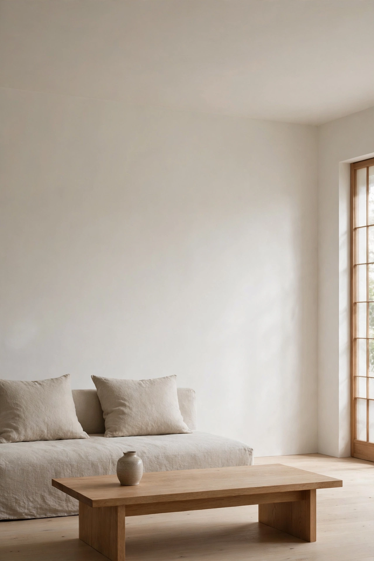 Minimalist Japandi living room with generous empty space and a single ceramic vase