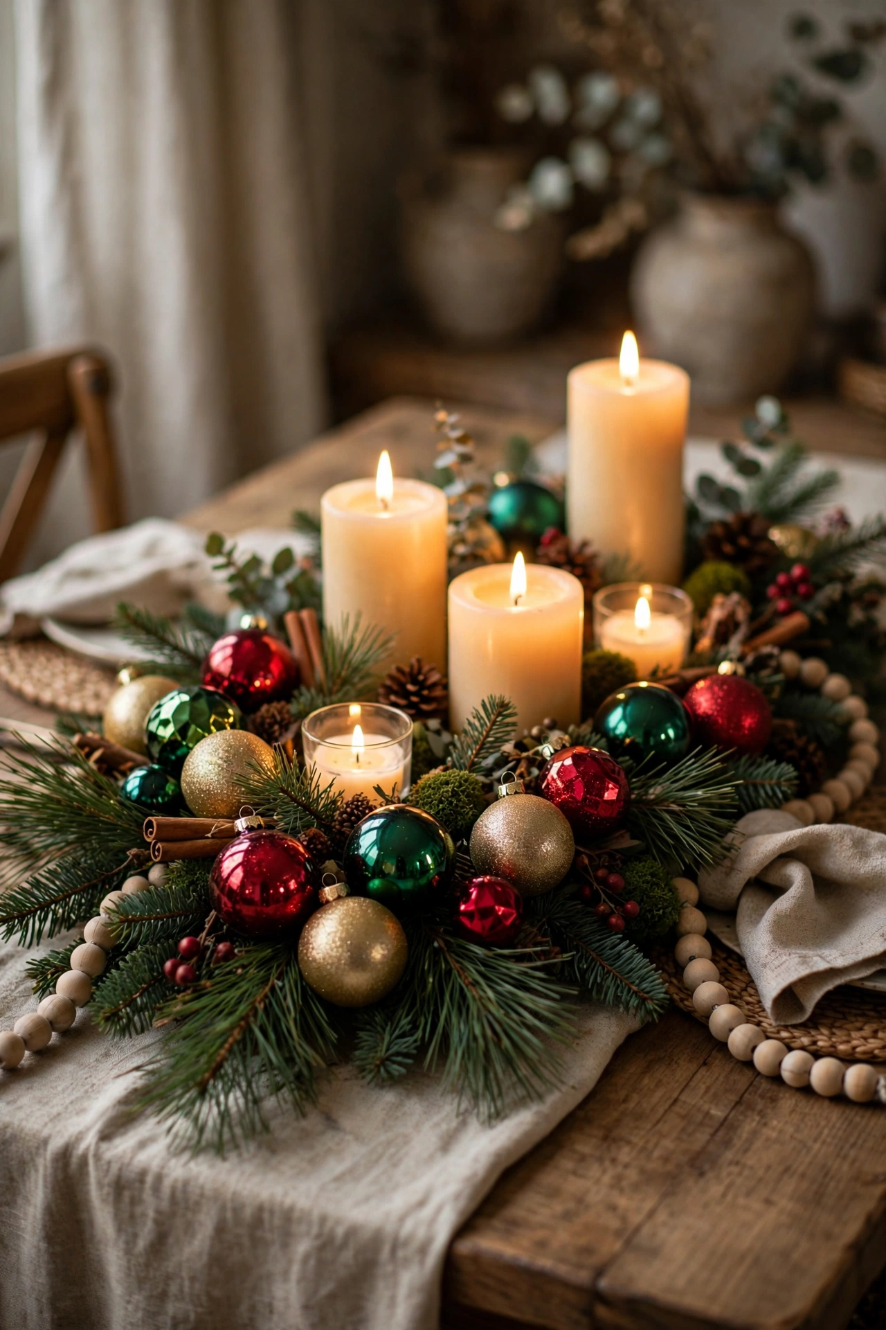 Christmas table centerpiece with candles, pine branches and jewel-tone ornaments in emerald ruby and gold