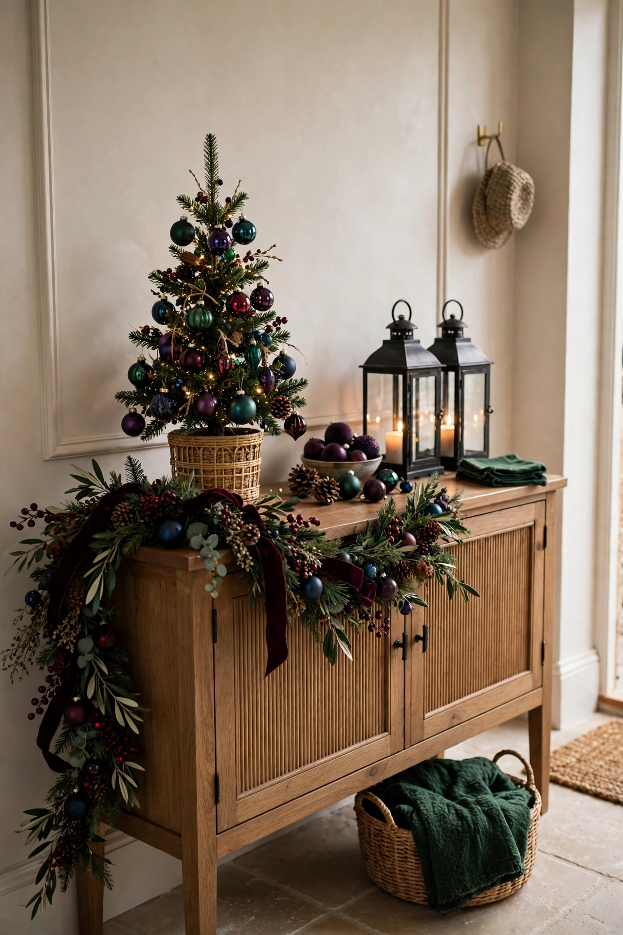 Festive entryway console decorated for Christmas with a small jewel-tone tree, garland and lanterns