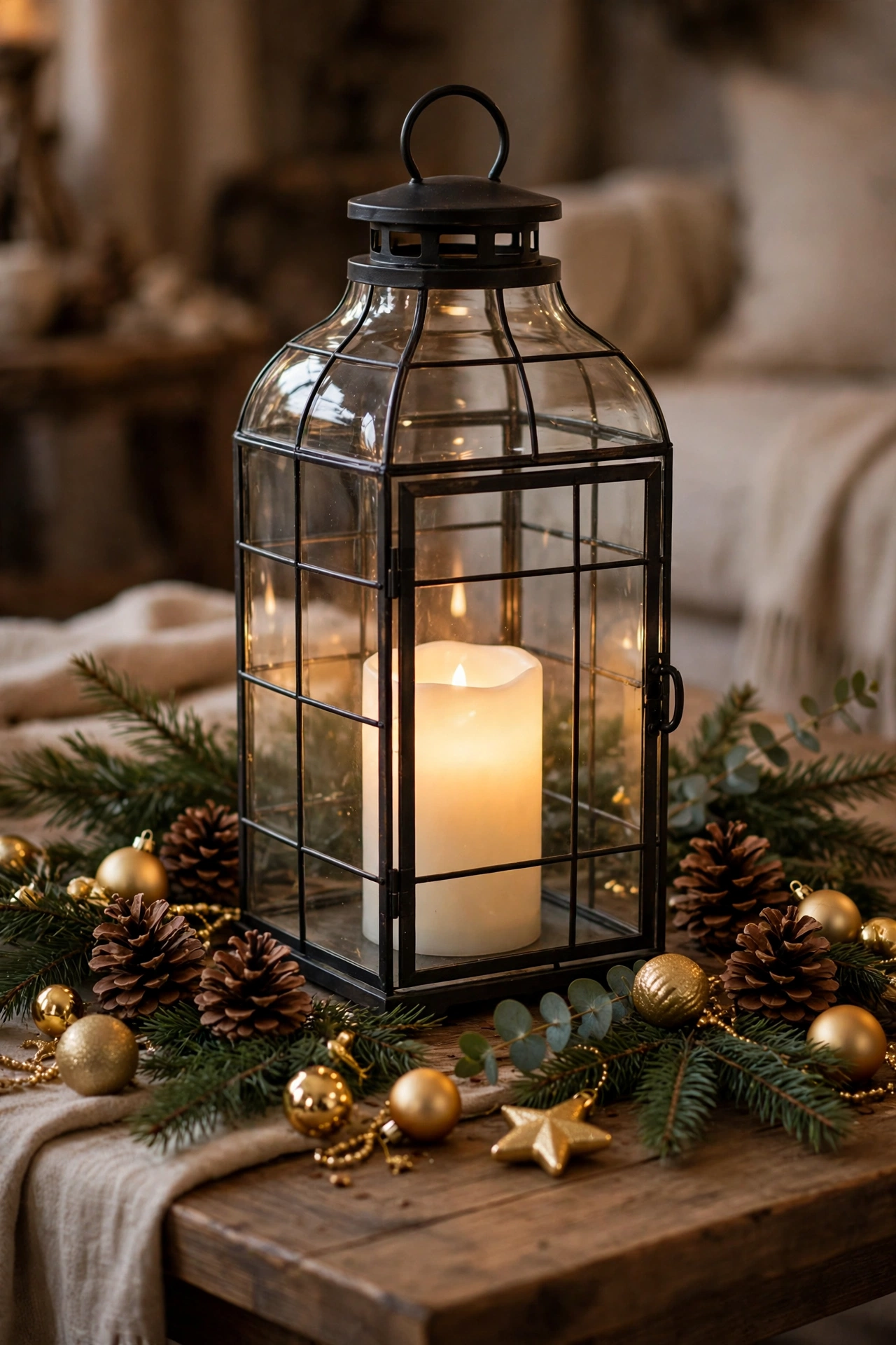 Large glass lantern with a glowing LED candle as a table centerpiece, surrounded by pinecones, evergreen branches and gold ornaments
