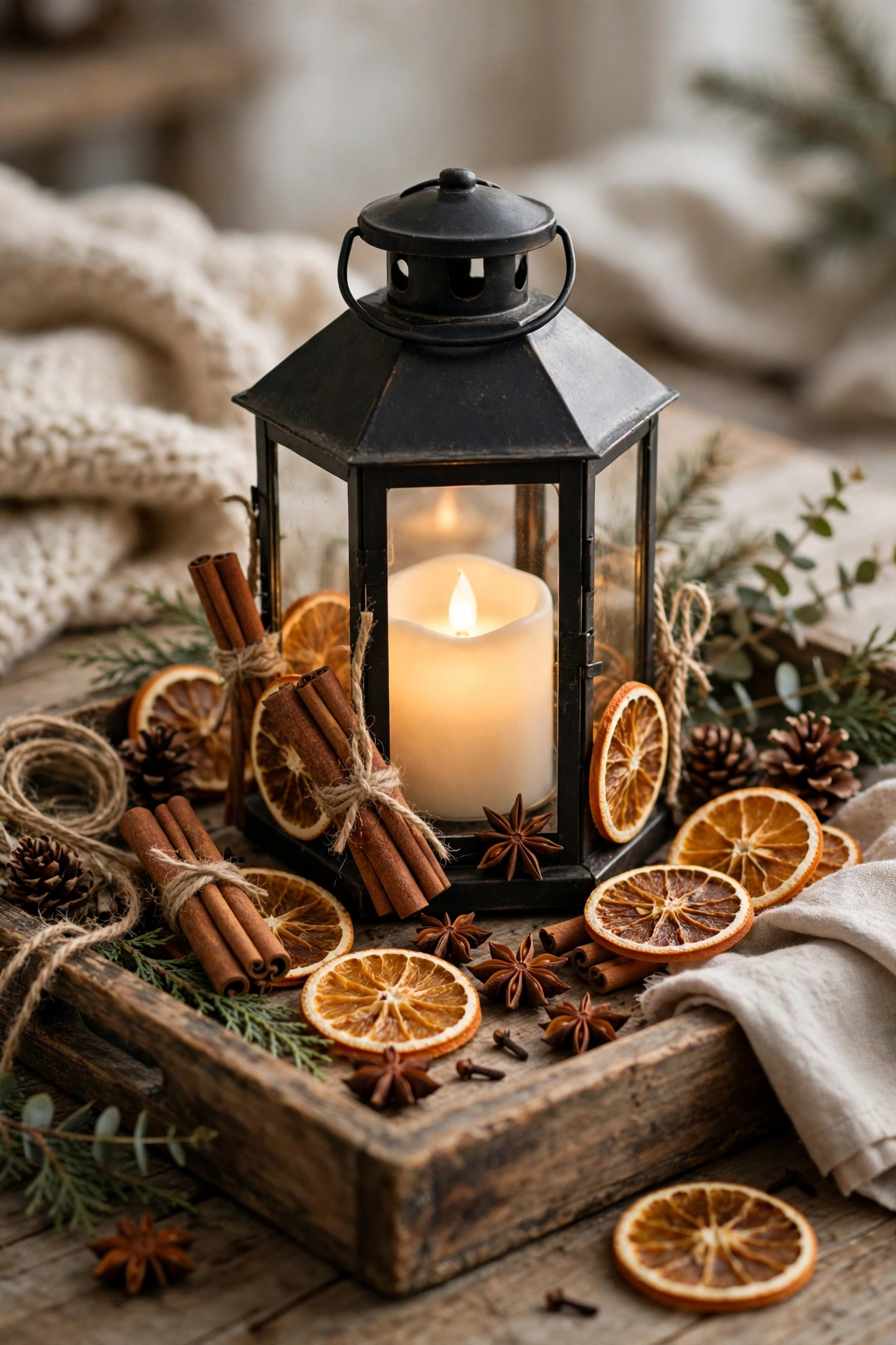 Lantern with a glowing LED candle decorated with cinnamon sticks, dried orange slices and star anise on a rustic tray