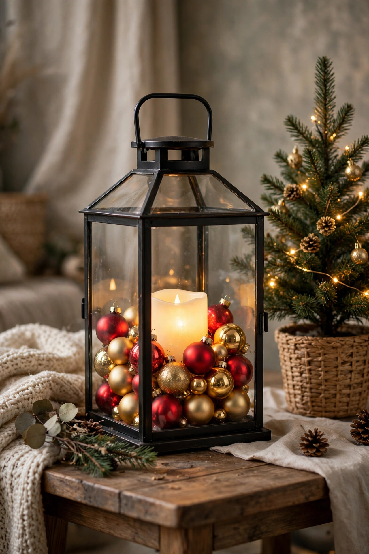 Glass lantern filled with small red and gold Christmas baubles around a glowing LED candle