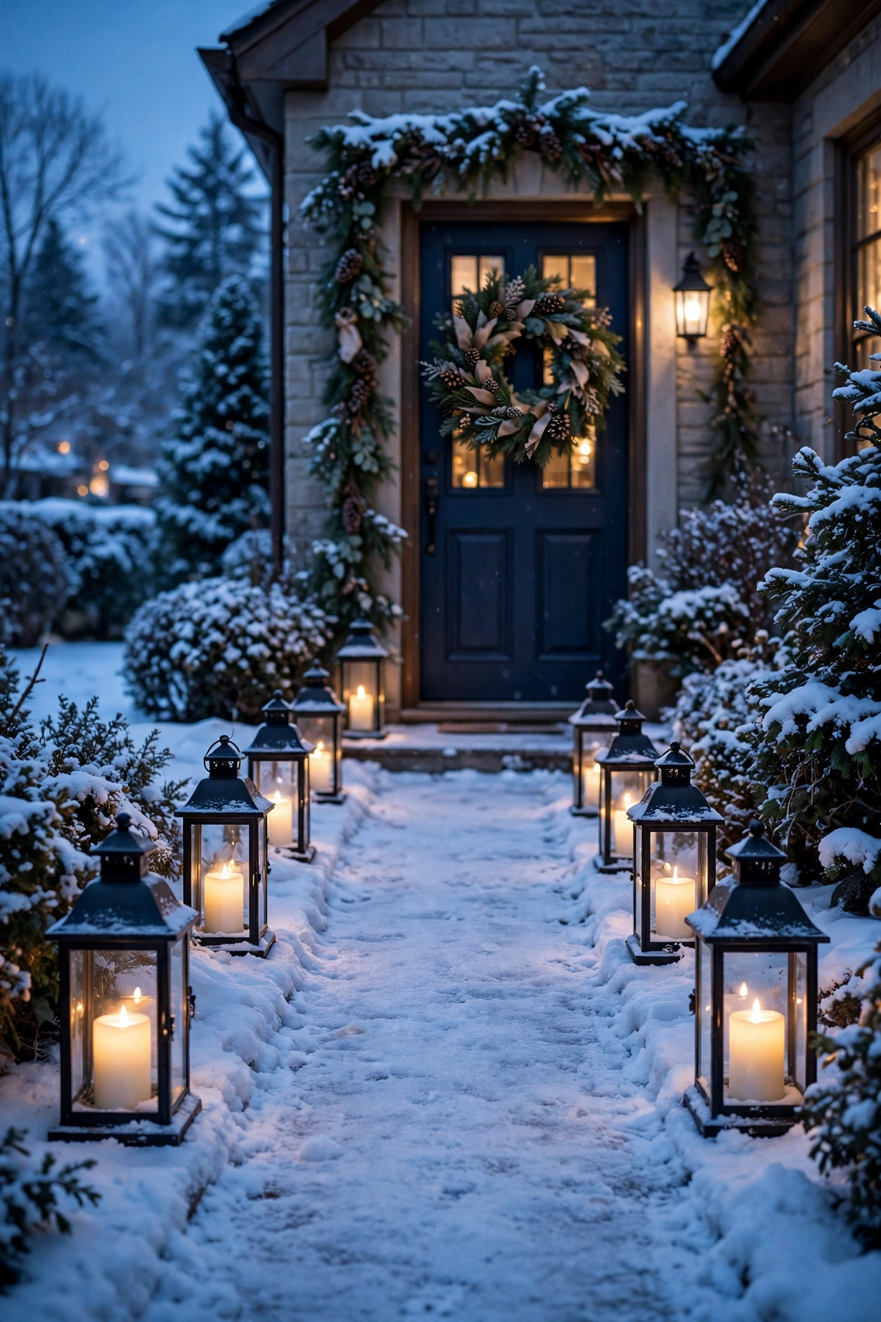 Snowy front walkway lined with glowing lanterns leading to a festively decorated front door with a wreath