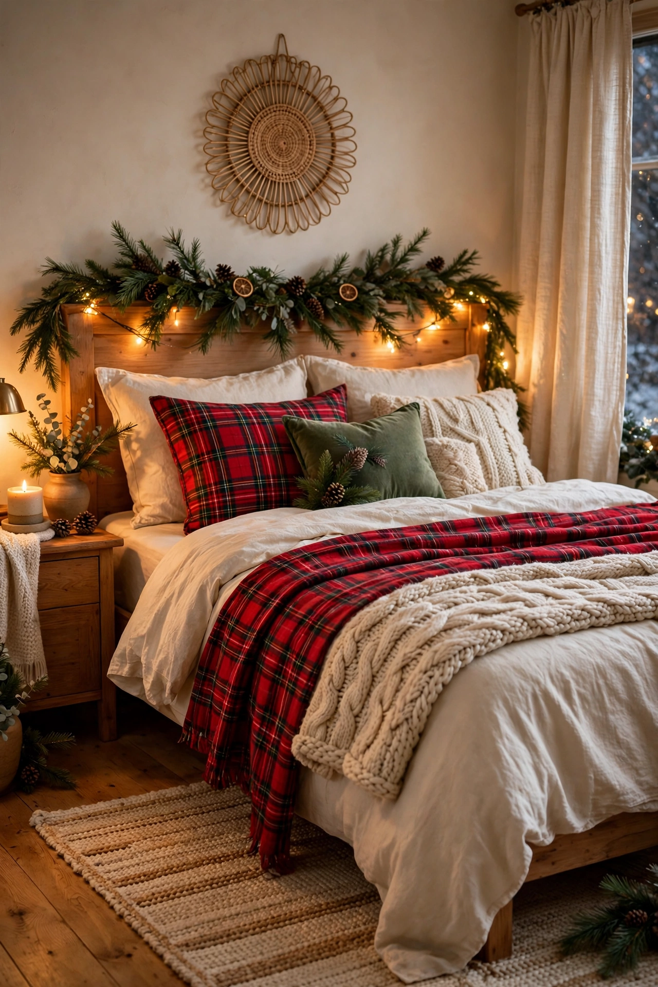 Bed layered for Christmas with cream sheets, a red plaid throw, a chunky knit blanket at the foot, and festive accent pillows