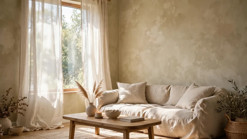 Serene living room with warm greige limewash walls, linen sofa, and natural light