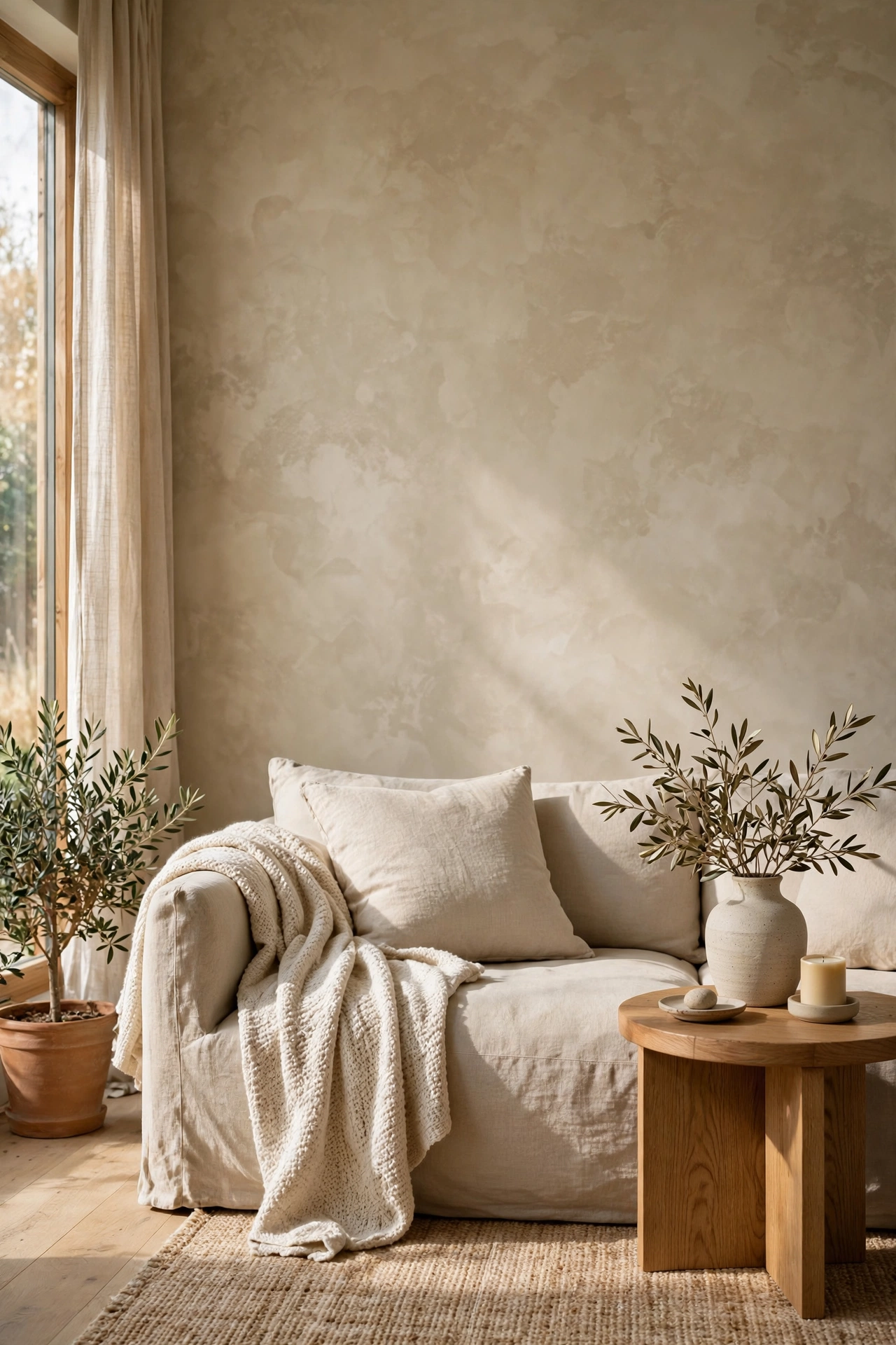 Living room with warm greige limewash feature wall behind a linen sofa