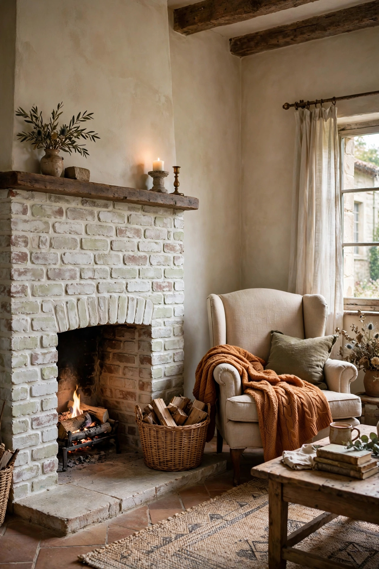 Brick fireplace washed in soft white limewash in a cozy living room