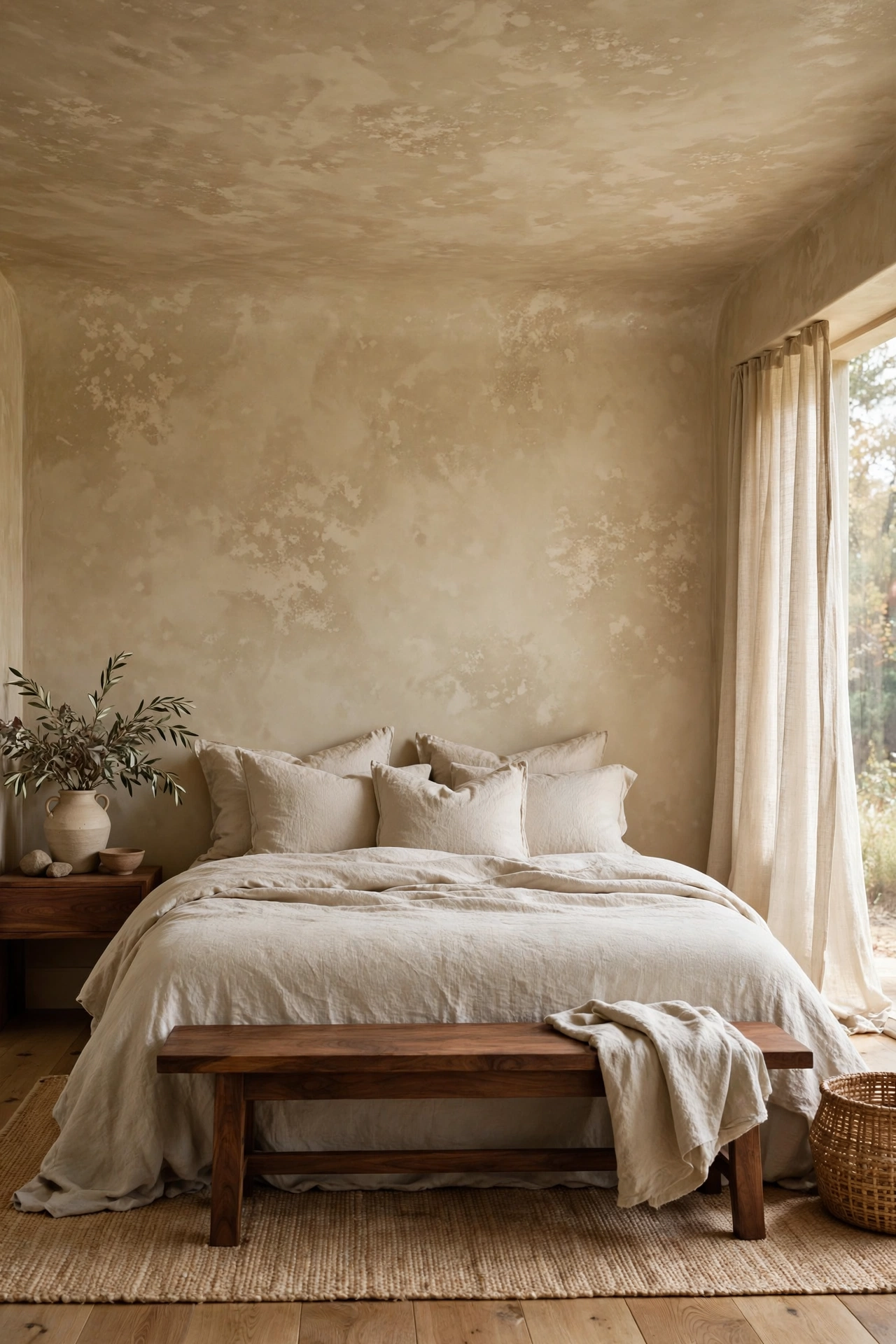 Bedroom color-drenched in warm greige limewash across walls and ceiling