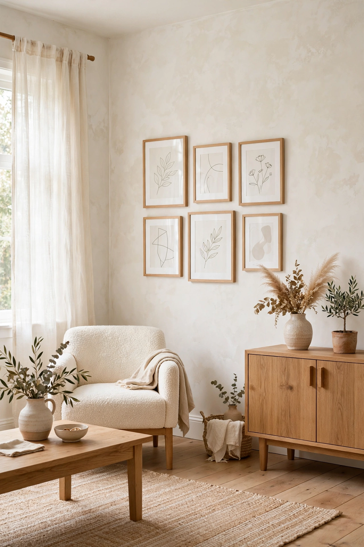 Bright living room wrapped in warm white limewash walls with oak furniture