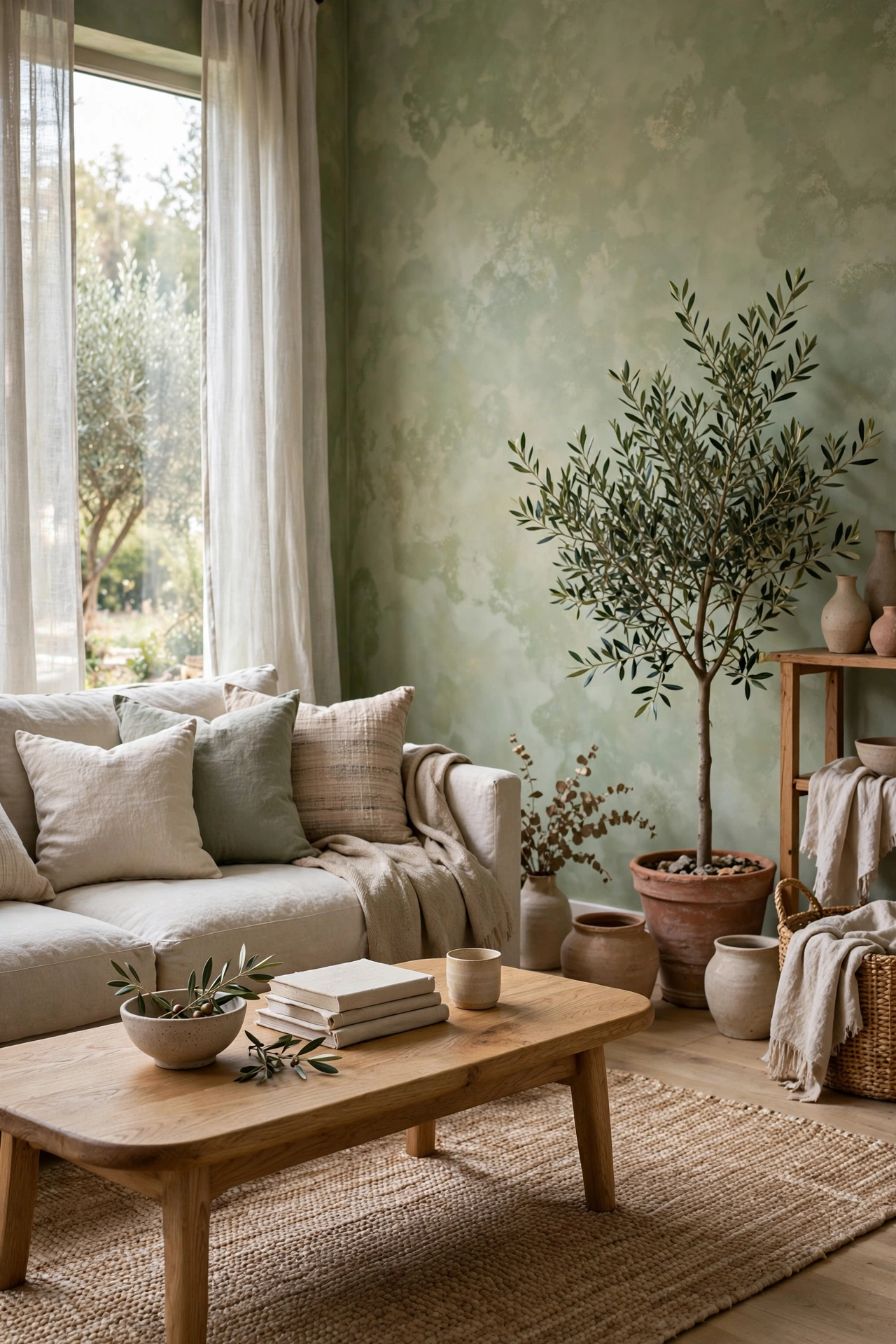 Living room with sage green limewash walls, oak coffee table, and linen sofa