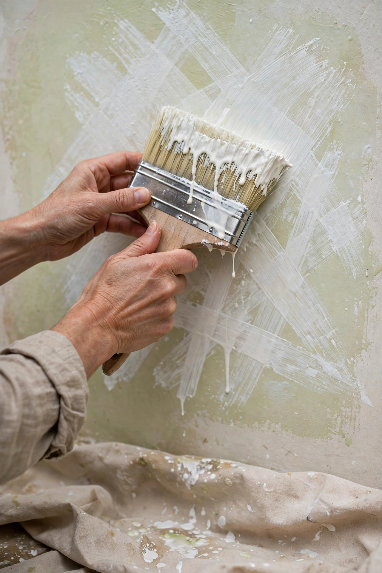Close-up of hands applying limewash paint with a block brush in crisscross strokes