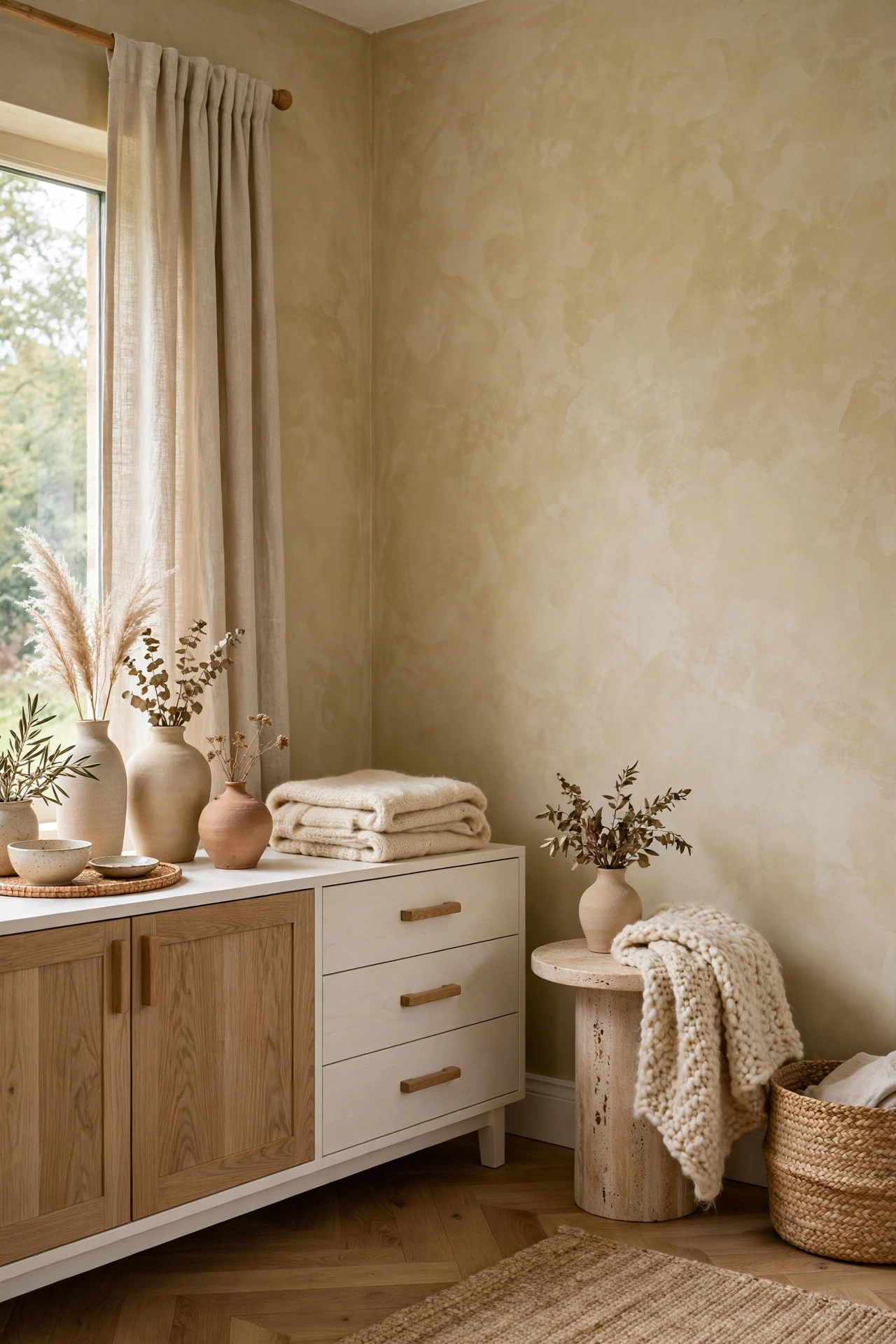 Limewash-walled room styled with oak furniture, linen curtains, and stone accents