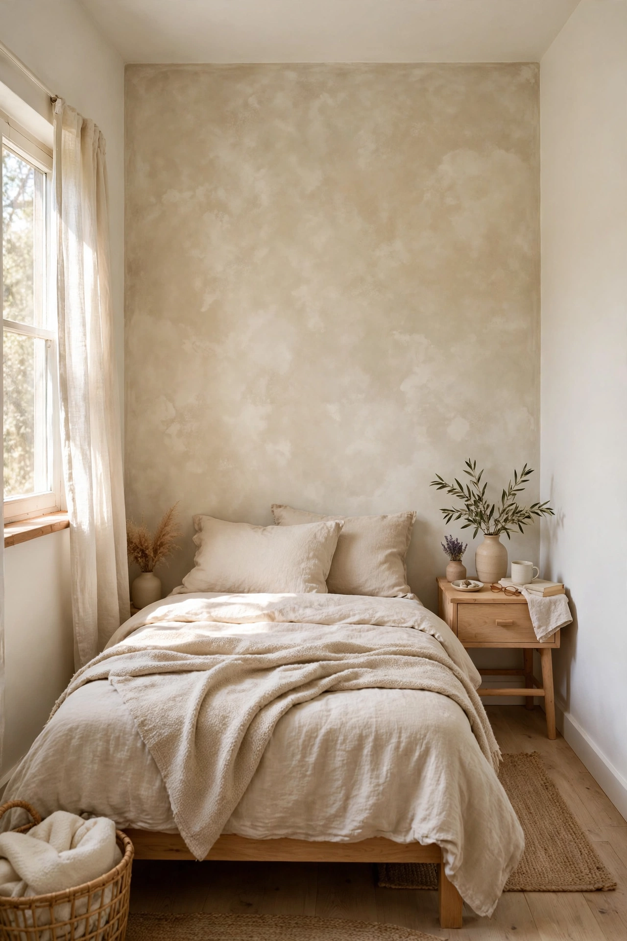 Small bedroom with one limewash focal wall behind the bed, airy and textured