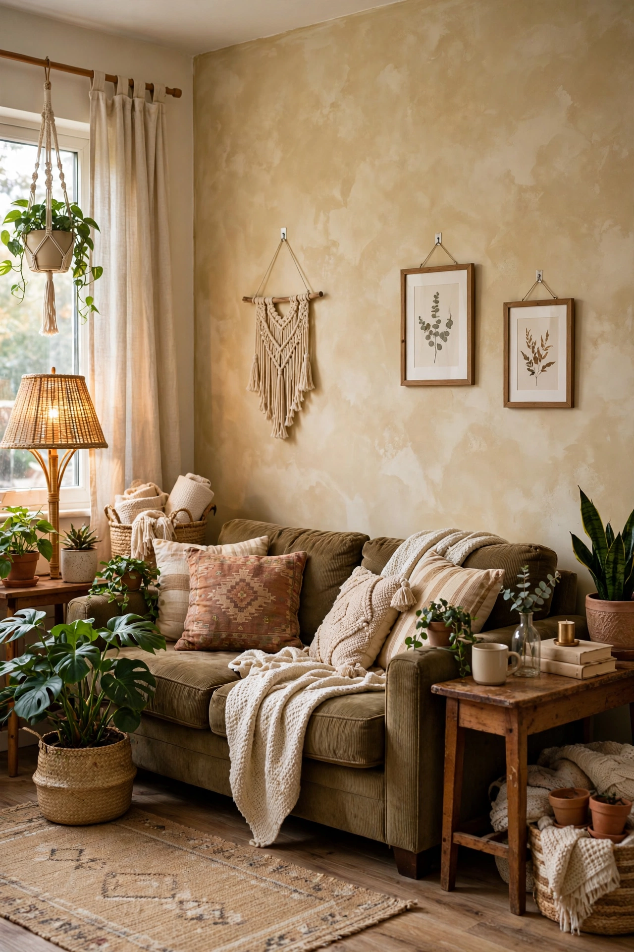 Rental living room with faux limewash-look painted accent wall in warm beige
