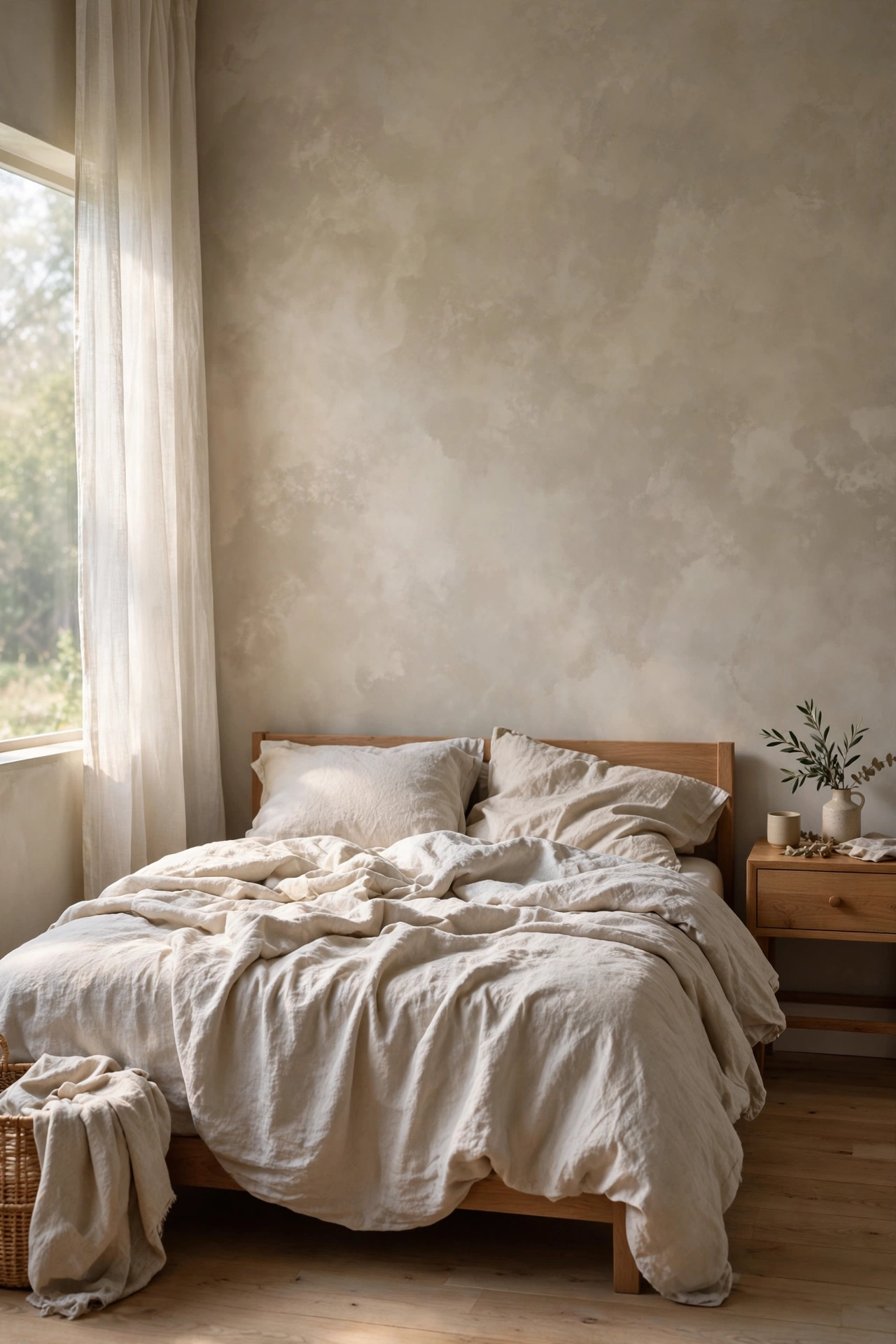 Serene bedroom with pale taupe limewash walls behind a linen-covered bed