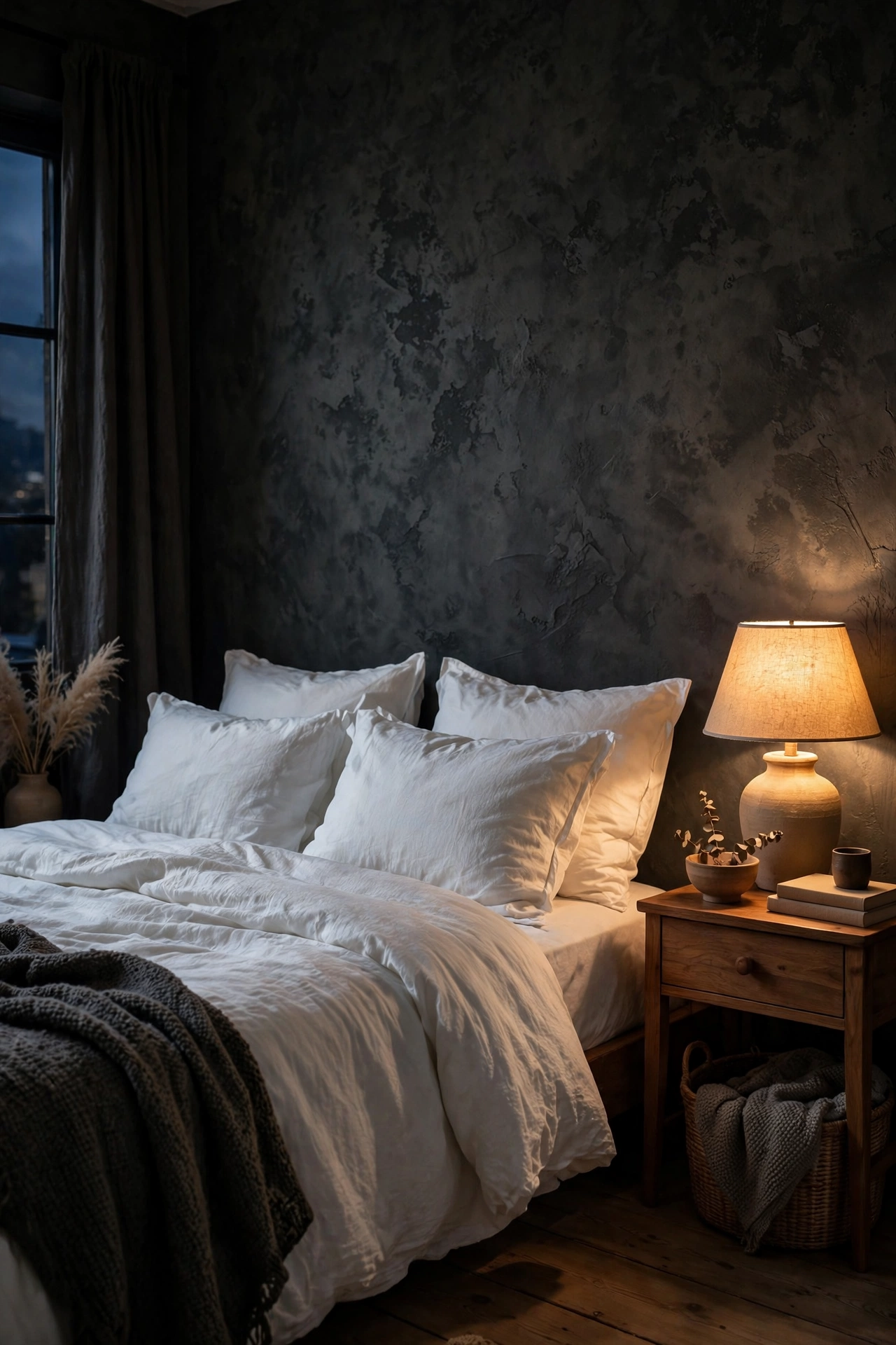 Moody bedroom with dark charcoal limewash walls and white bedding