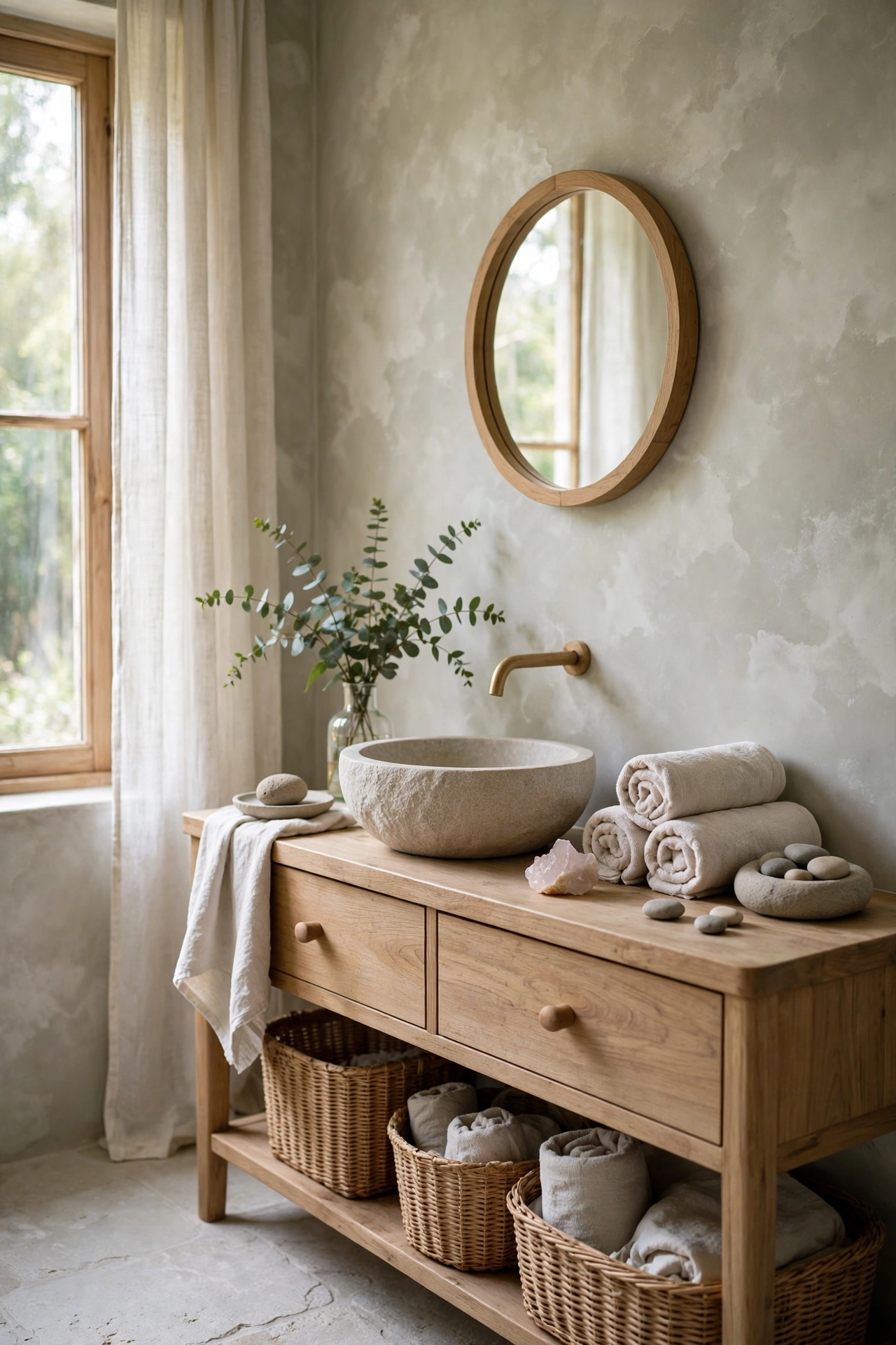 Spa-like bathroom with soft stone limewash walls, wooden vanity, and greenery