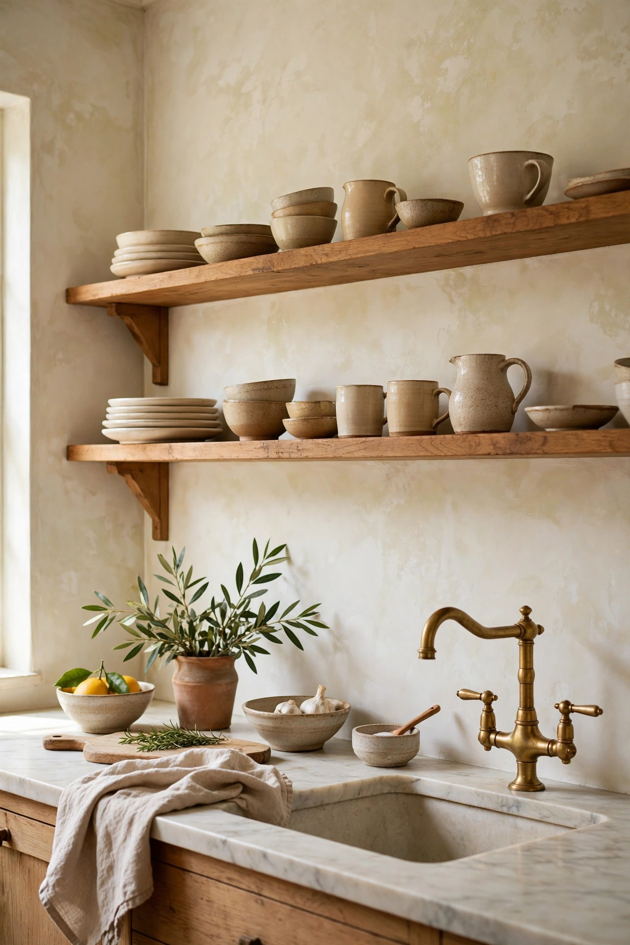 Organic kitchen with warm white limewash walls above open wooden shelves
