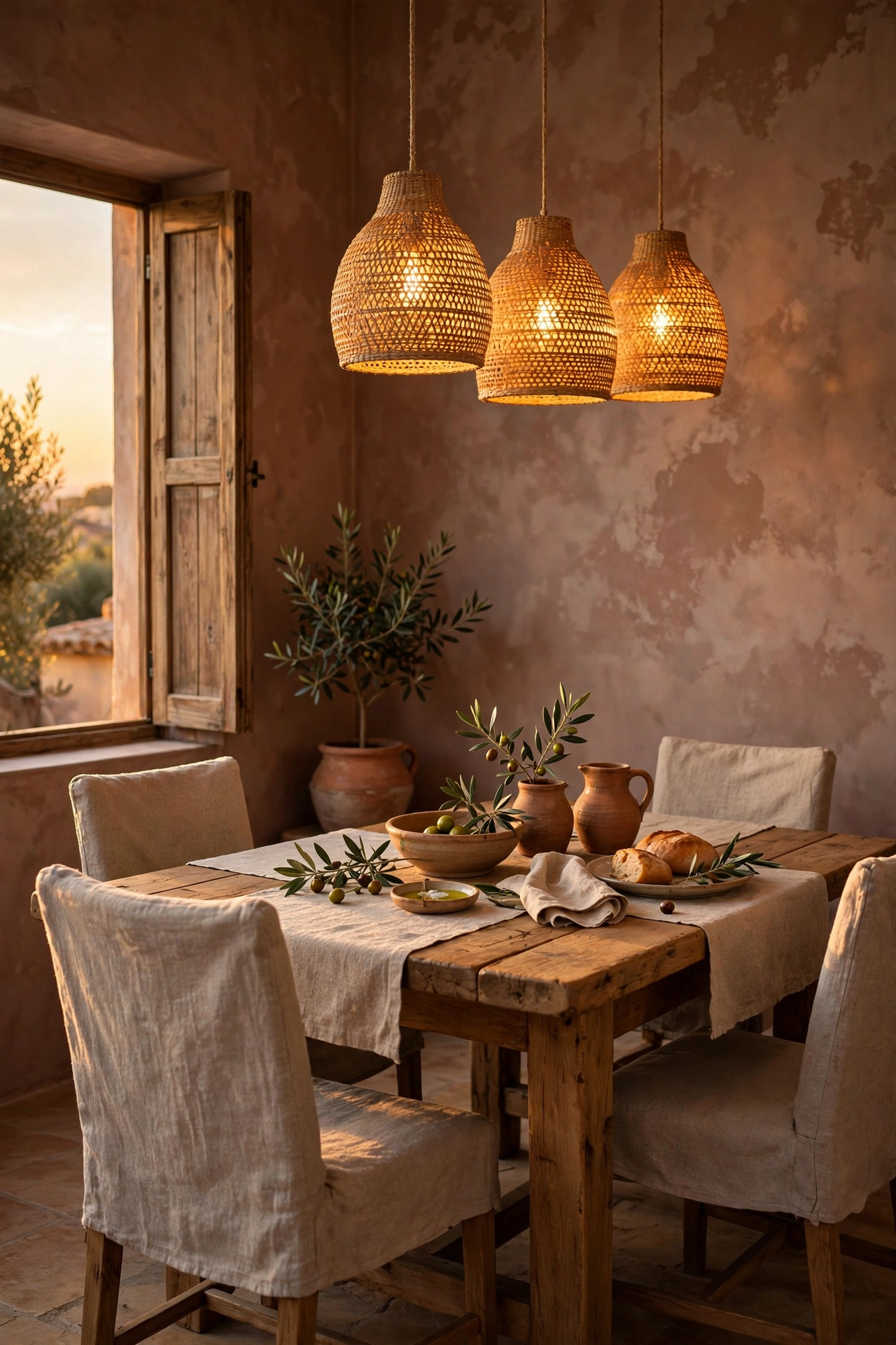 Dining room with terracotta limewash walls glowing under warm pendant lights