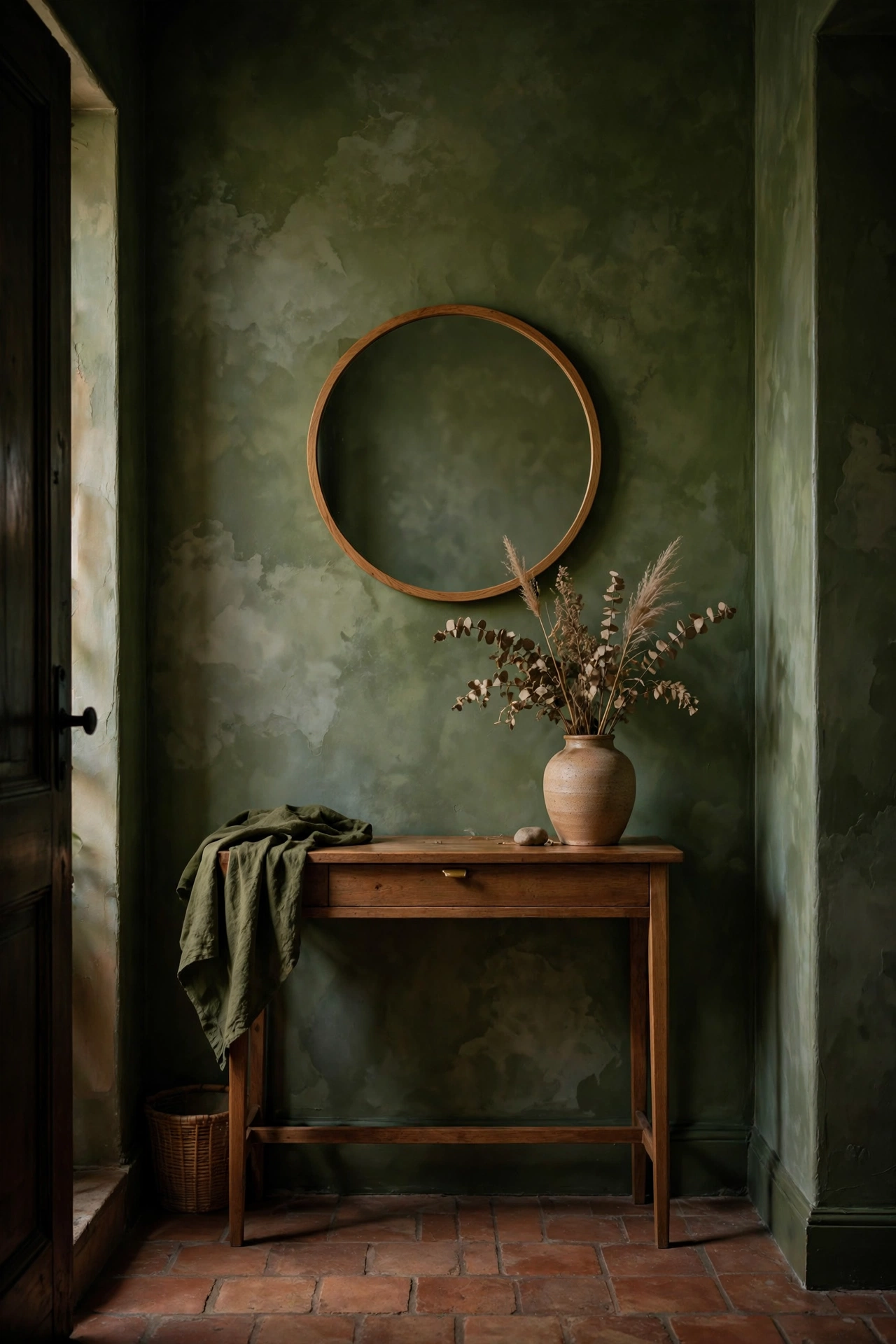 Entryway with deep olive limewash walls, wooden console, and round mirror