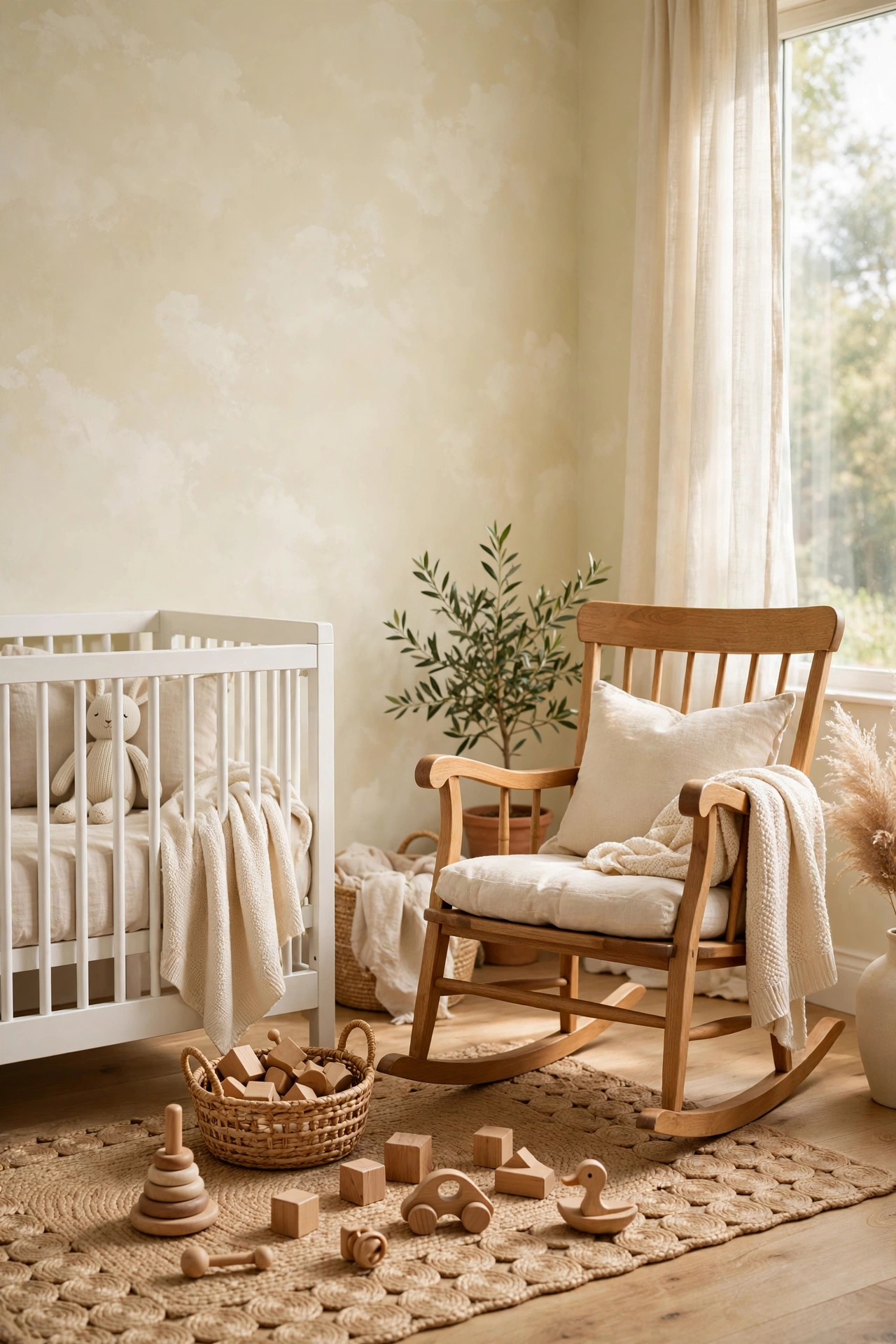 Sweet nursery with soft cream limewash walls, white crib, and natural wood toys