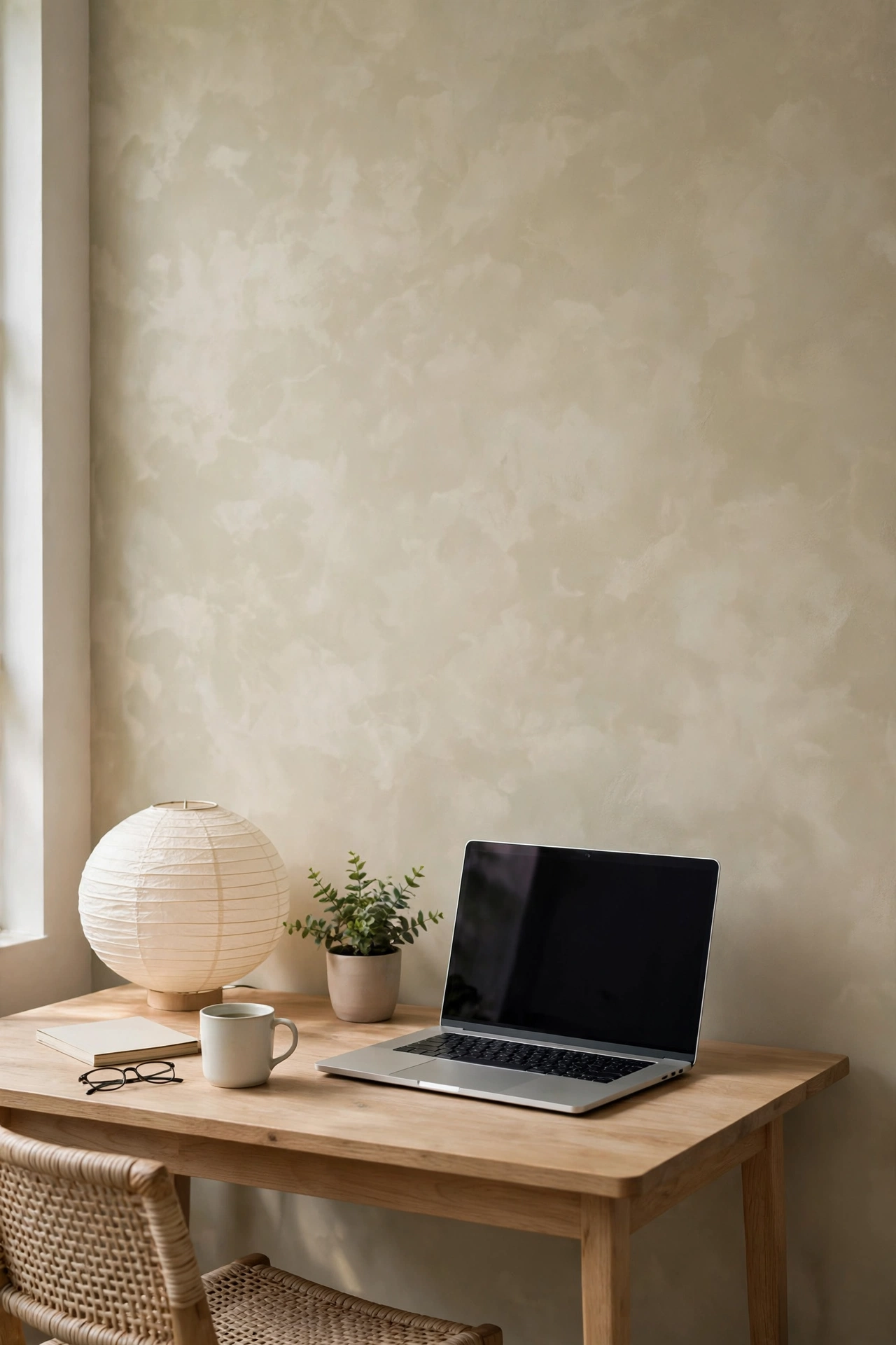 Home office with greige limewash wall behind a wooden desk, calm and minimal
