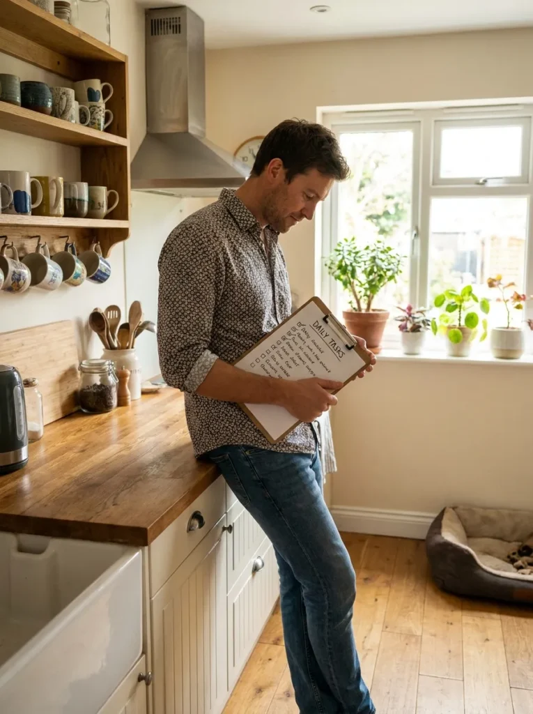 A man leaning against a wooden kitchen counter in a bright home, holding a clipboard with a handwritten daily tasks cleaning list