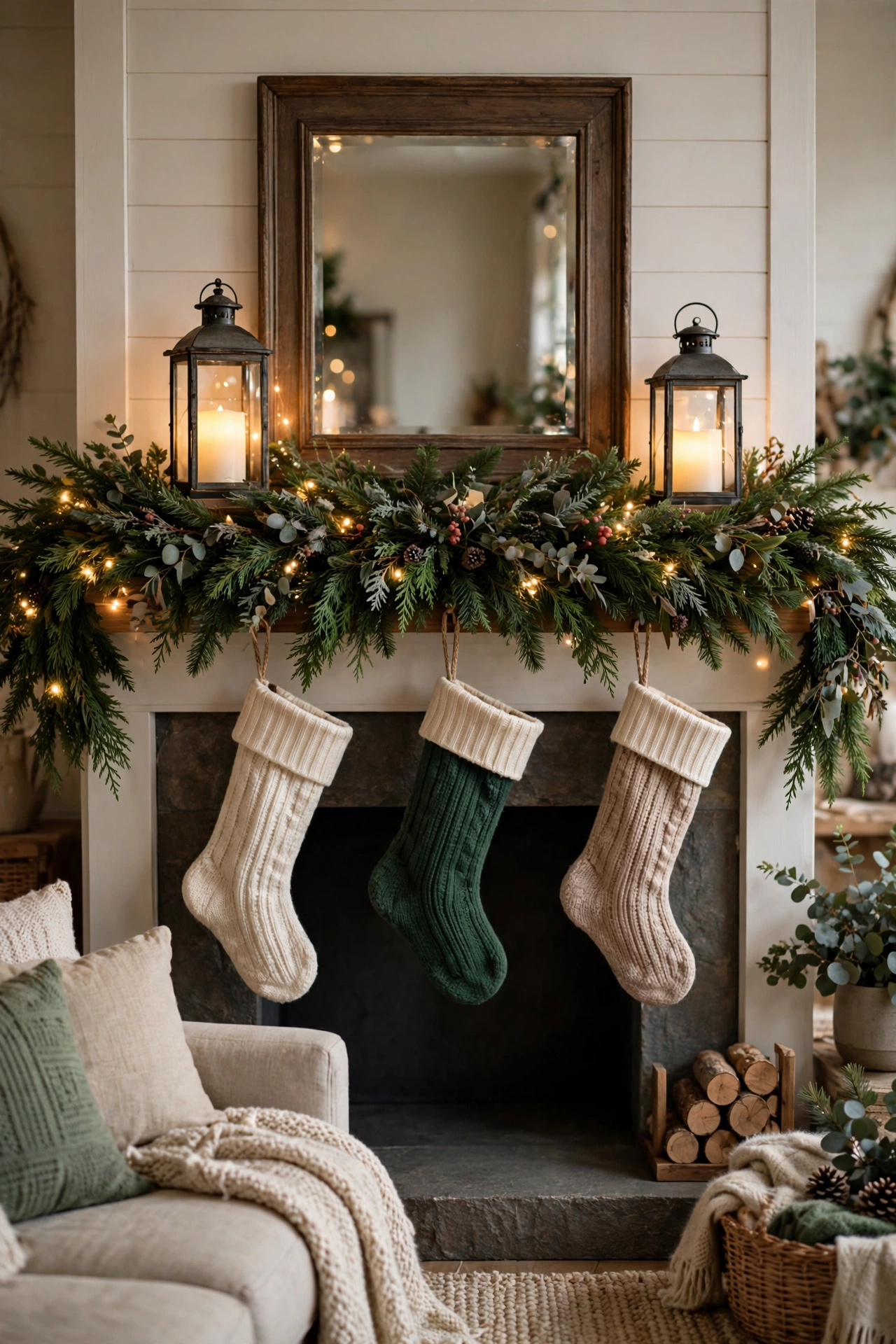 Fireplace mantel decorated with evergreen garland, string lights and two glowing lanterns flanking a mirror