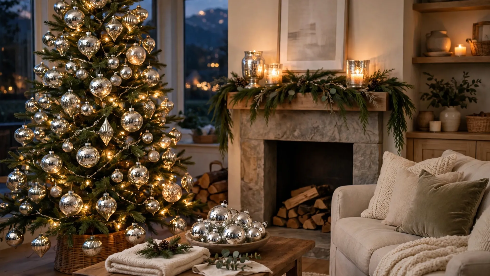 Cozy living room decorated for Christmas with mercury glass decor — silver mercury glass ornaments on the tree, glowing mercury glass candle holders on the mantel, and a bowl of ornaments on the coffee table
