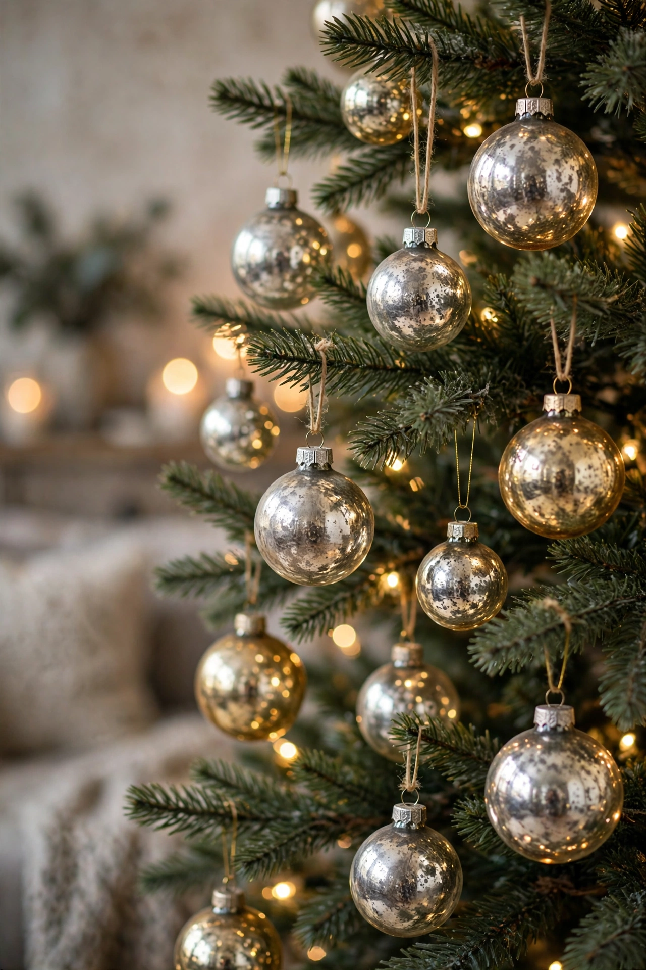 Christmas tree decorated with mixed silver and gold mercury glass ornaments and warm fairy lights