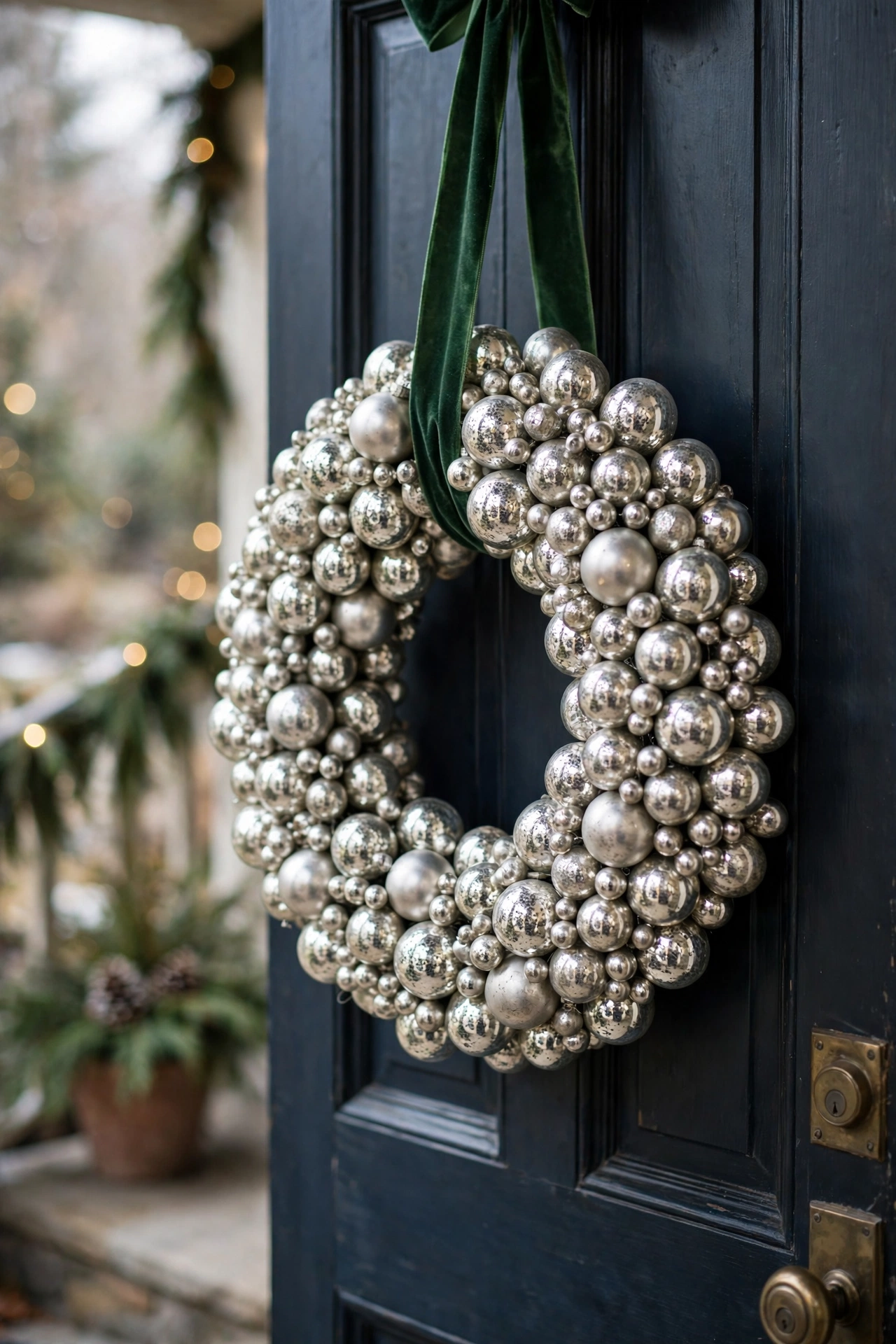 Christmas wreath made of small silver mercury glass ornaments hanging on a front door