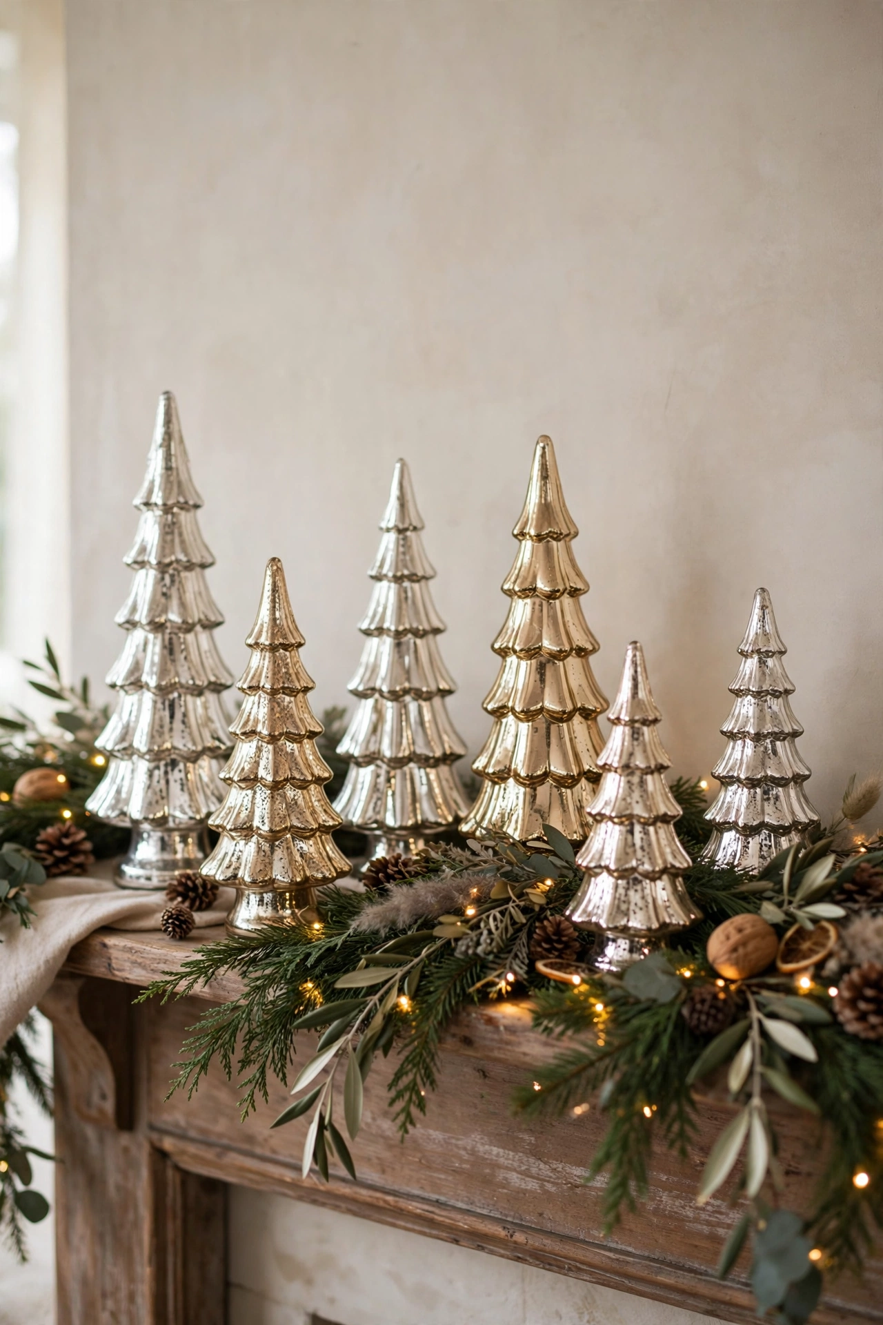 Small mercury glass Christmas trees in silver and champagne arranged on a mantel with evergreen garland