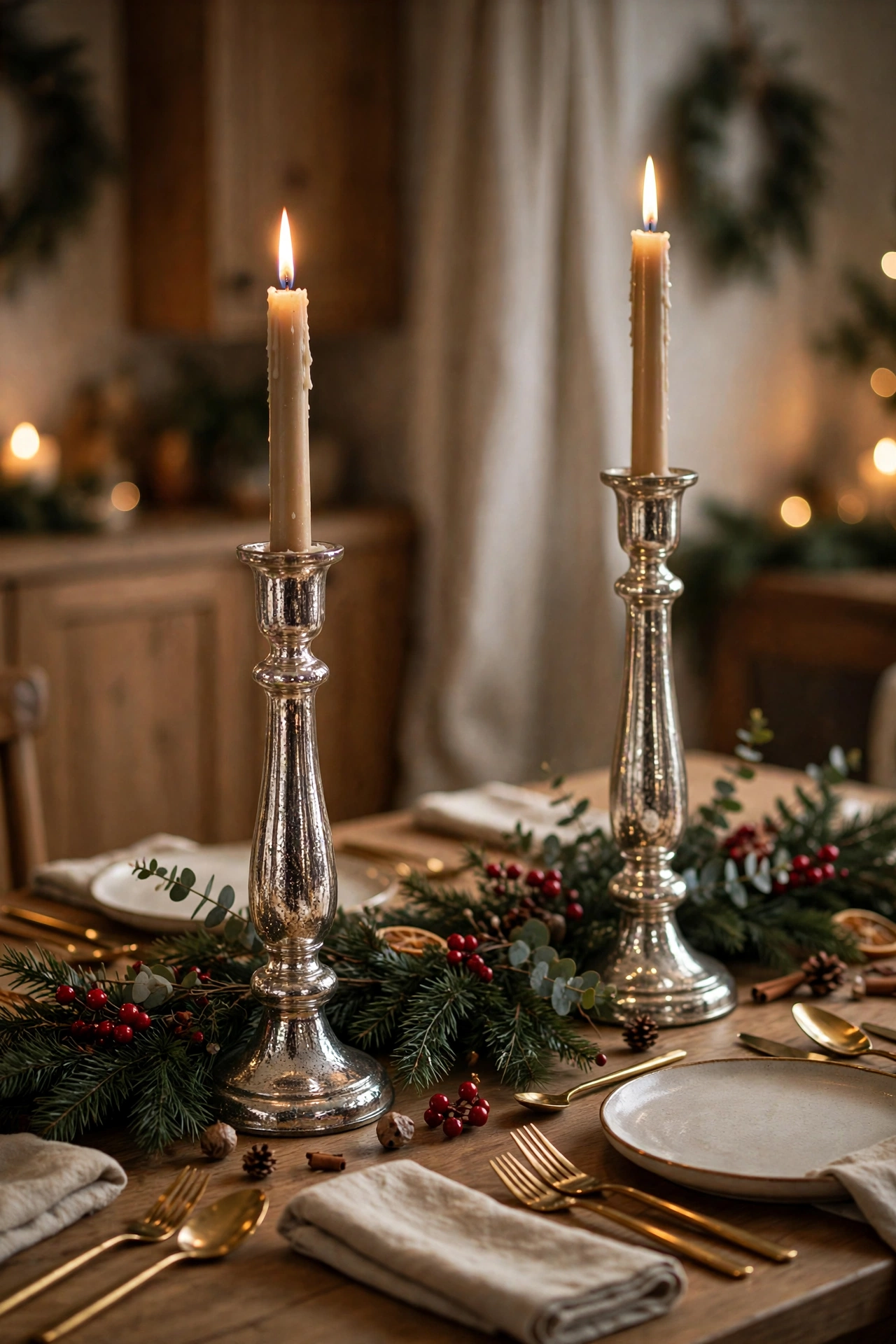 Tall mercury glass candlesticks with taper candles on a Christmas dining table with evergreen garland