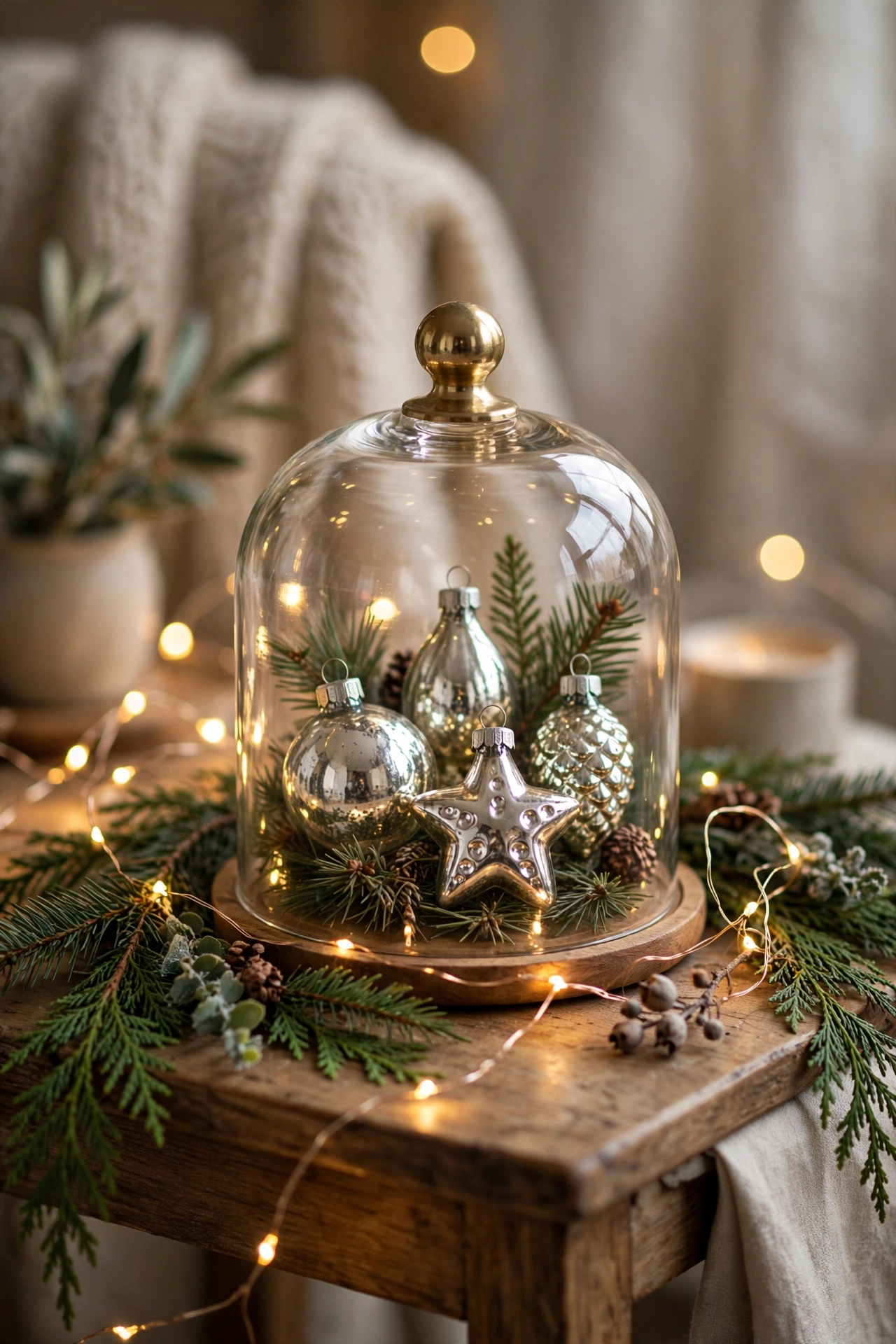 Small mercury glass ornaments displayed under a glass cloche dome with fairy lights and evergreen sprigs