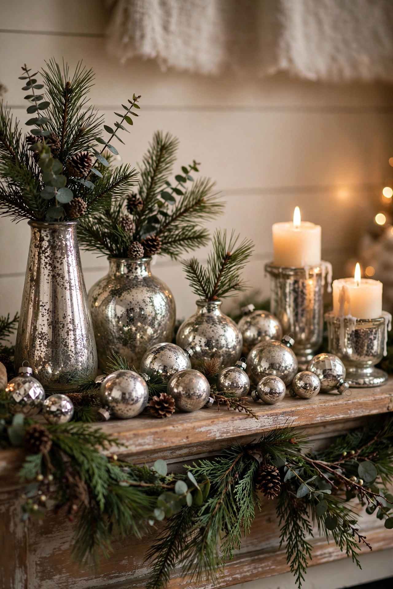 Handmade mercury glass vases and ornaments with a mottled vintage silver finish styled on a Christmas mantel