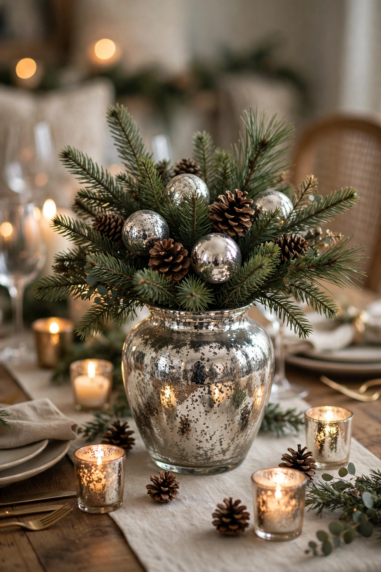 Mercury glass vase centerpiece with evergreen branches, pinecones, and silver ornaments on a Christmas dining table