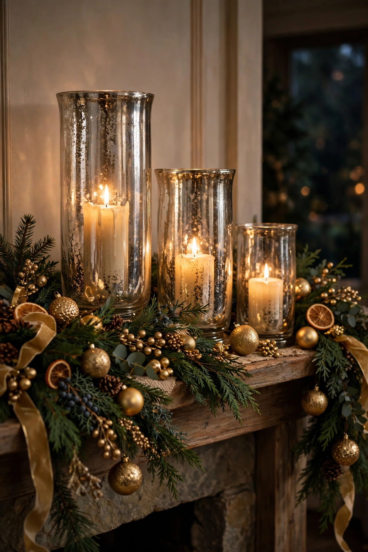 Tall mercury glass hurricane lanterns with glowing pillar candles on a Christmas mantel