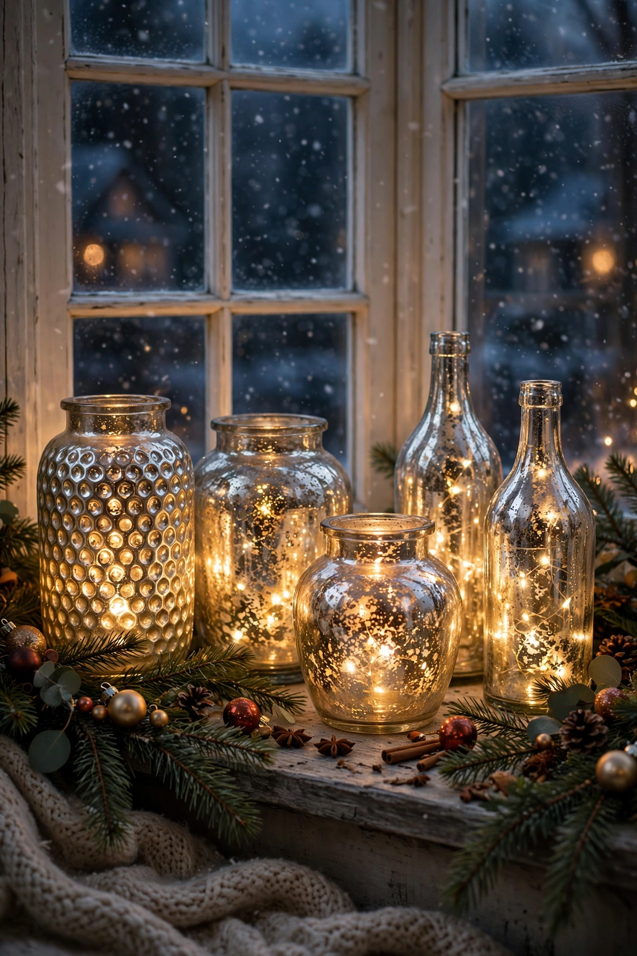 Mercury glass jars glowing with warm fairy lights on a Christmas windowsill with pine branches
